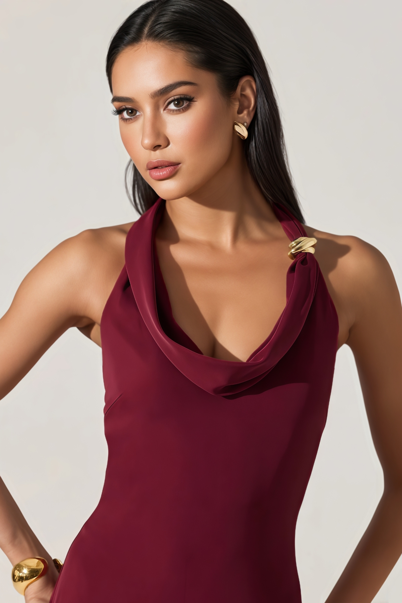Zyrany Red Halter Cowl Neck Midi Dress