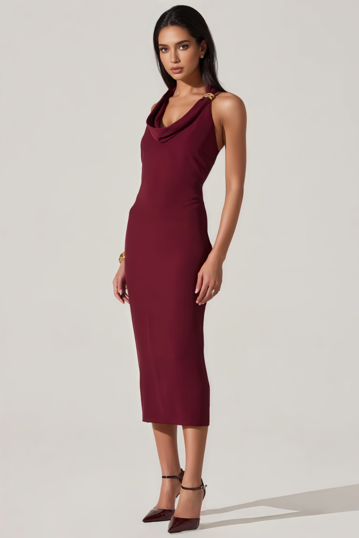 Zyrany Red Halter Cowl Neck Midi Dress