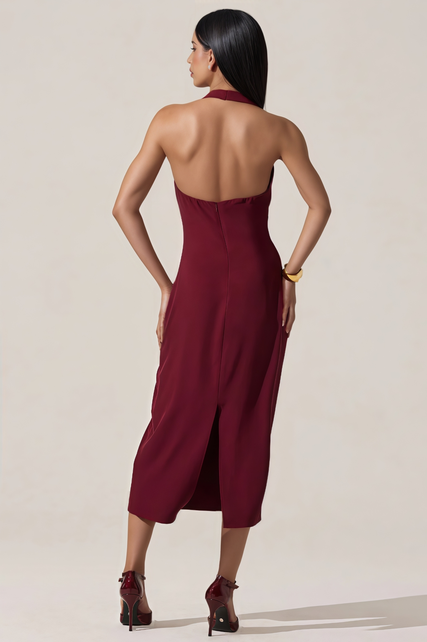 Zyrany Red Halter Cowl Neck Midi Dress