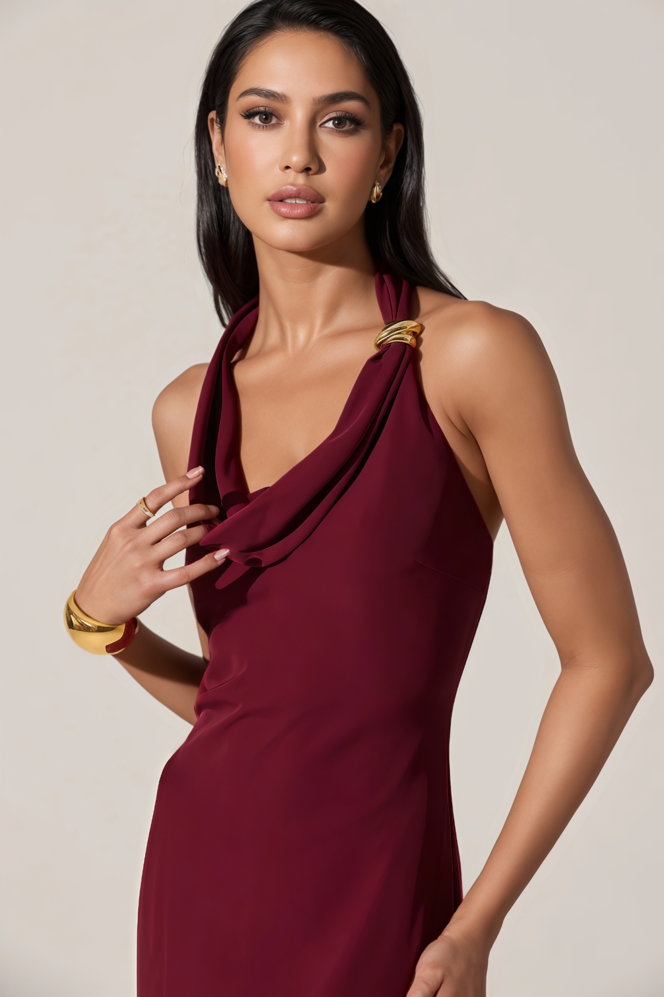 Zyrany Red Halter Cowl Neck Midi Dress