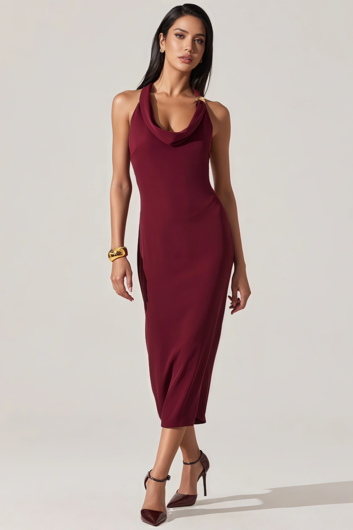 Zyrany Red Halter Cowl Neck Midi Dress