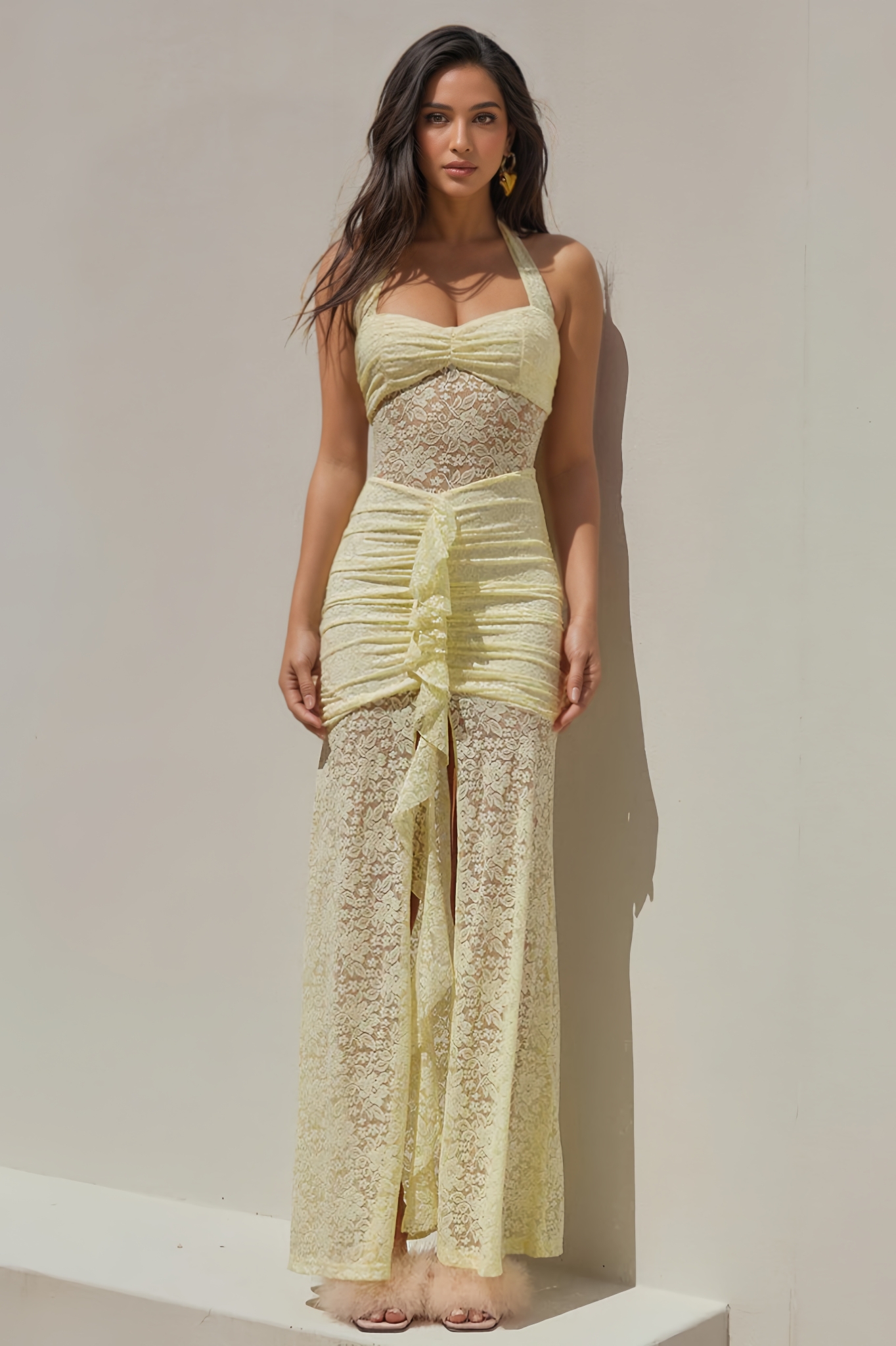 Abryny Yellow Lace Sleeveless Backless Maxi Dress