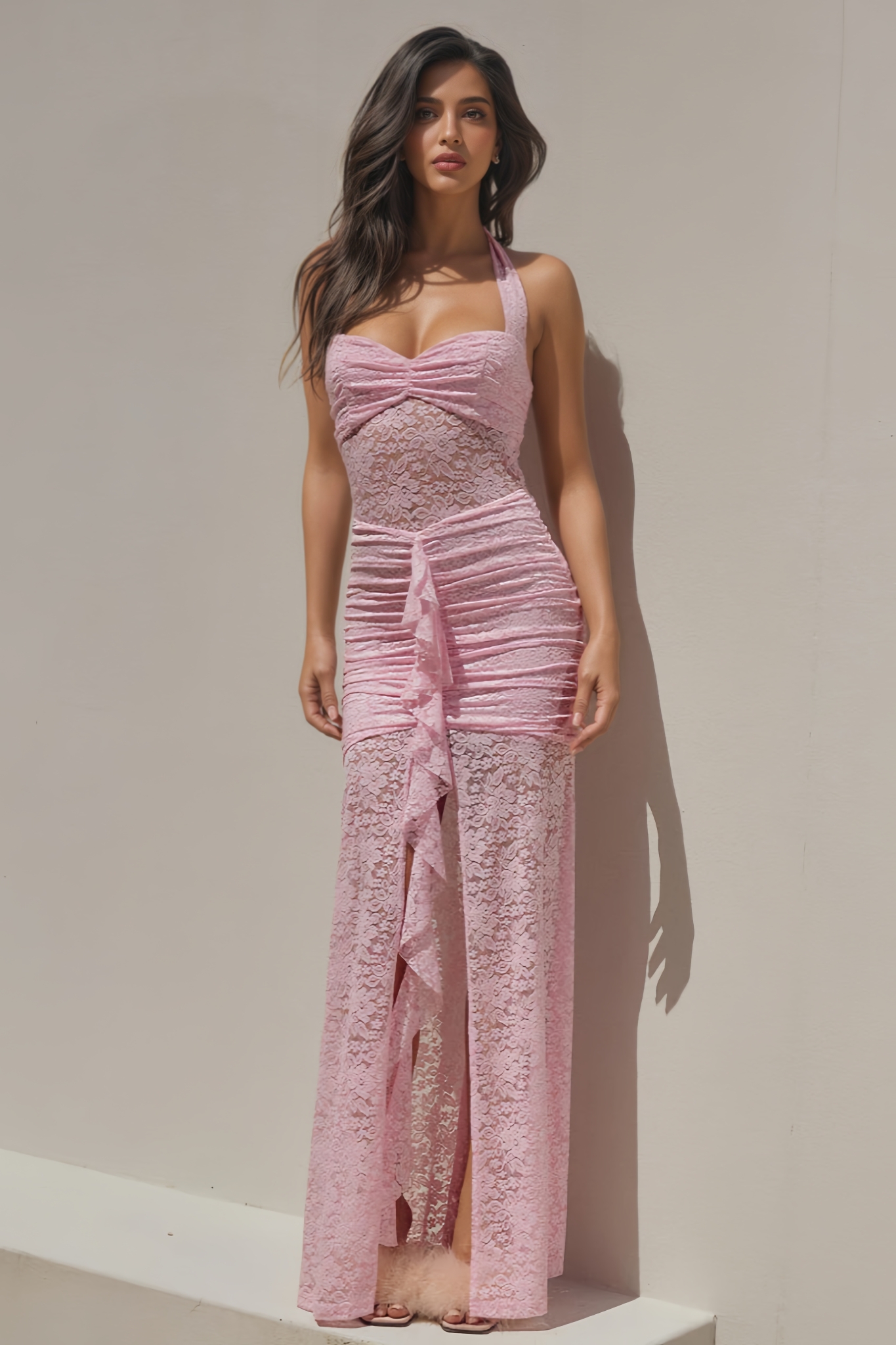 Zorak Pink Lace Sleeveless Backless Maxi Dress