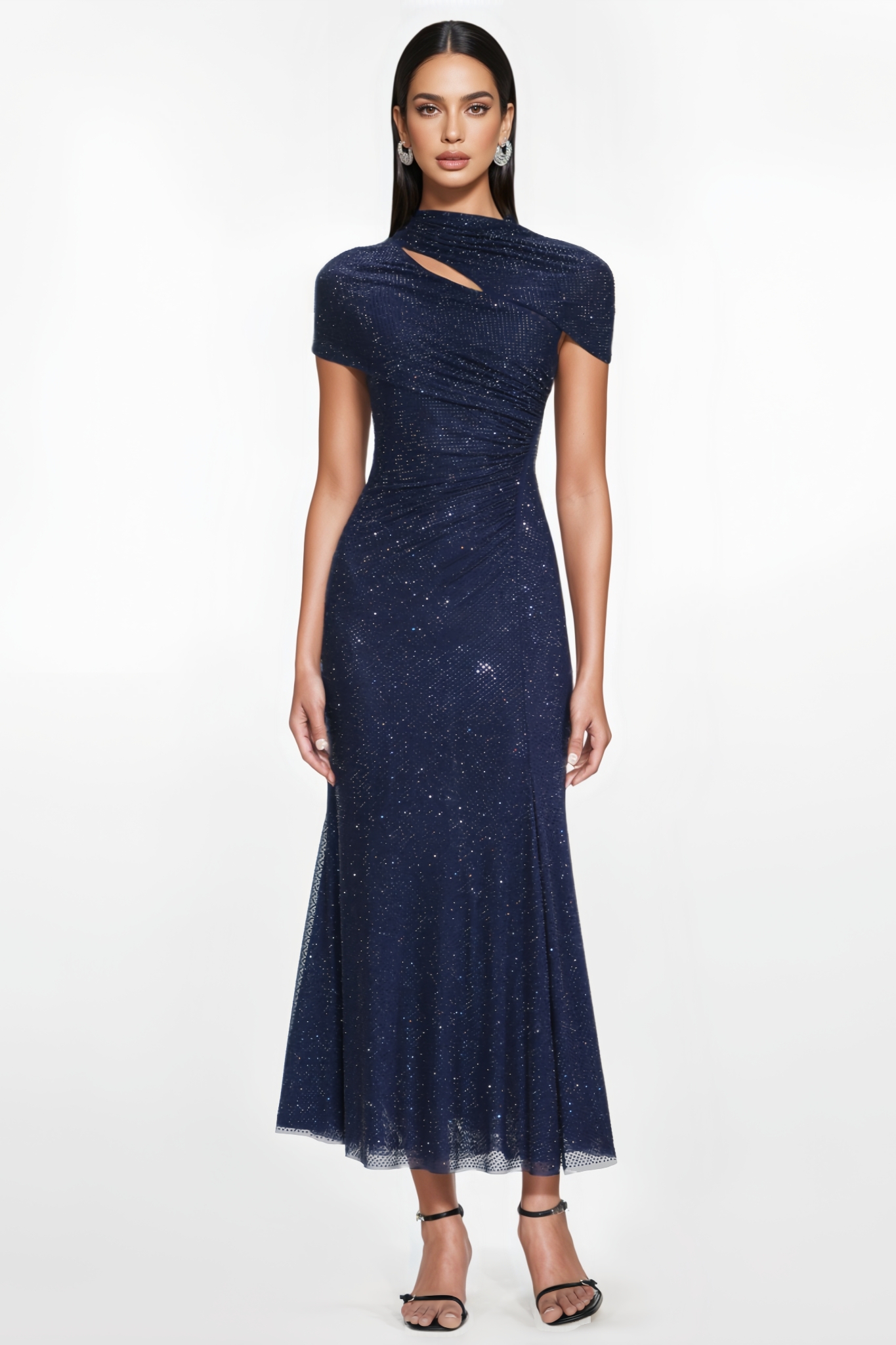 Raern Blue Rhinestone Mesh Cut Out Midi Dress