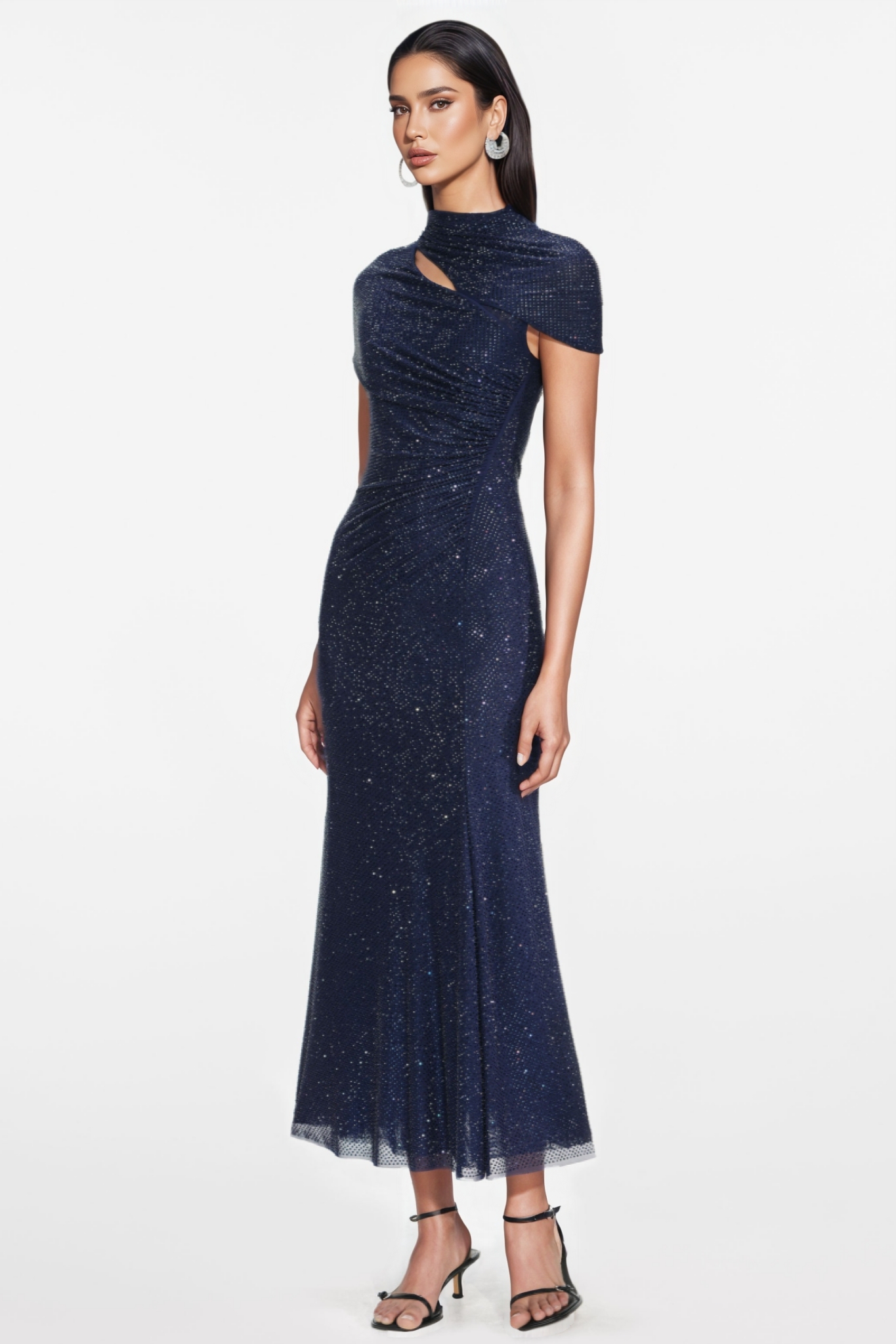 Raern Blue Rhinestone Mesh Cut Out Midi Dress