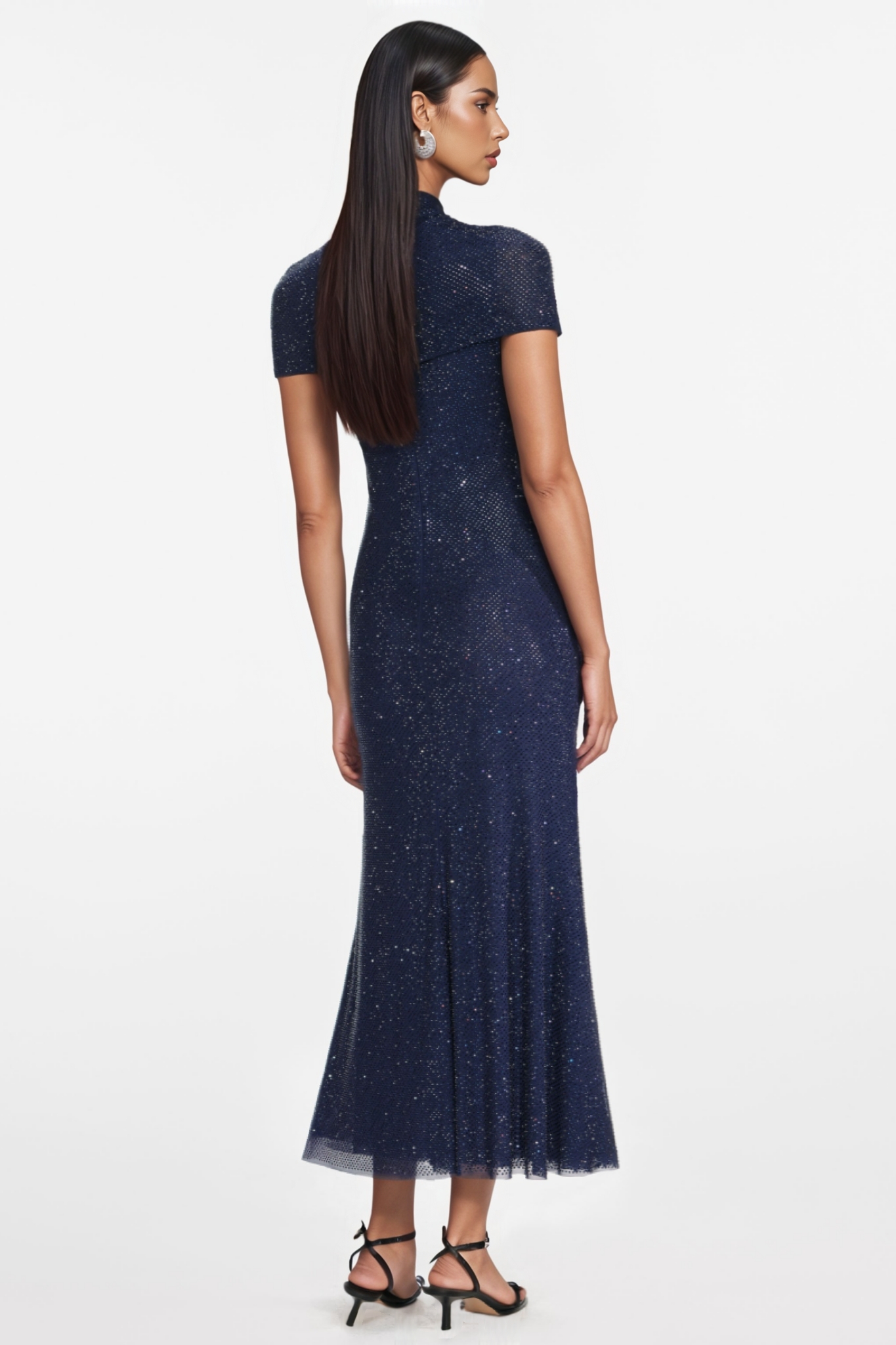 Raern Blue Rhinestone Mesh Cut Out Midi Dress