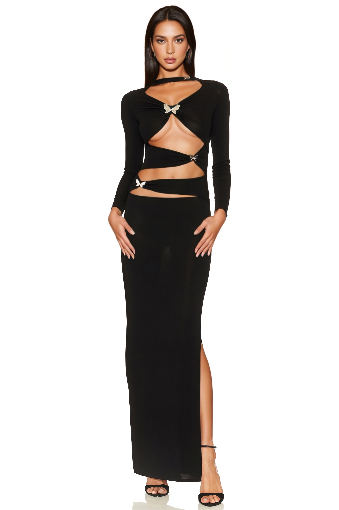 Fern Black Long Sleeve Butterfly Slit Maxi Dress