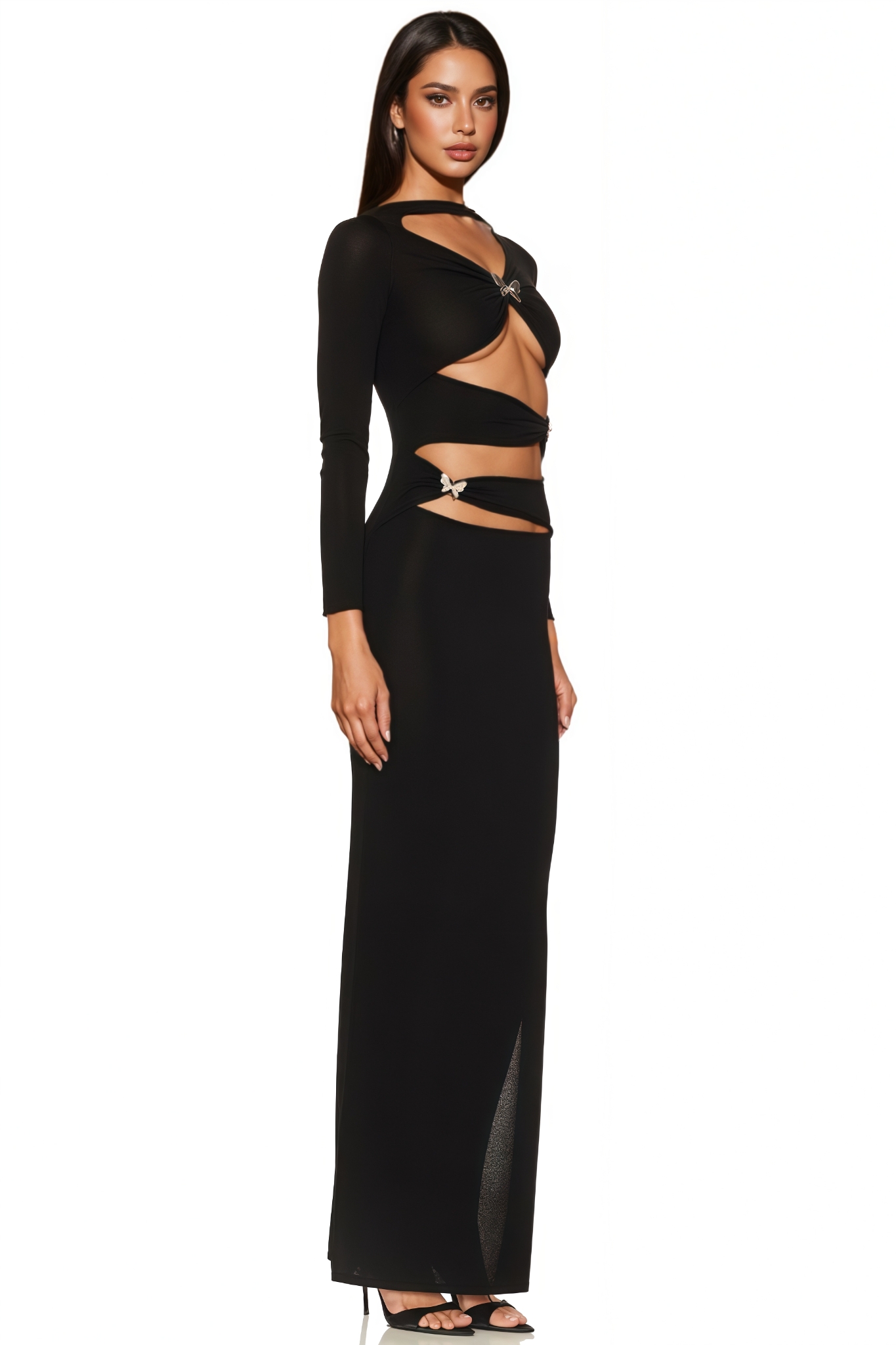 Fern Black Long Sleeve Butterfly Slit Maxi Dress