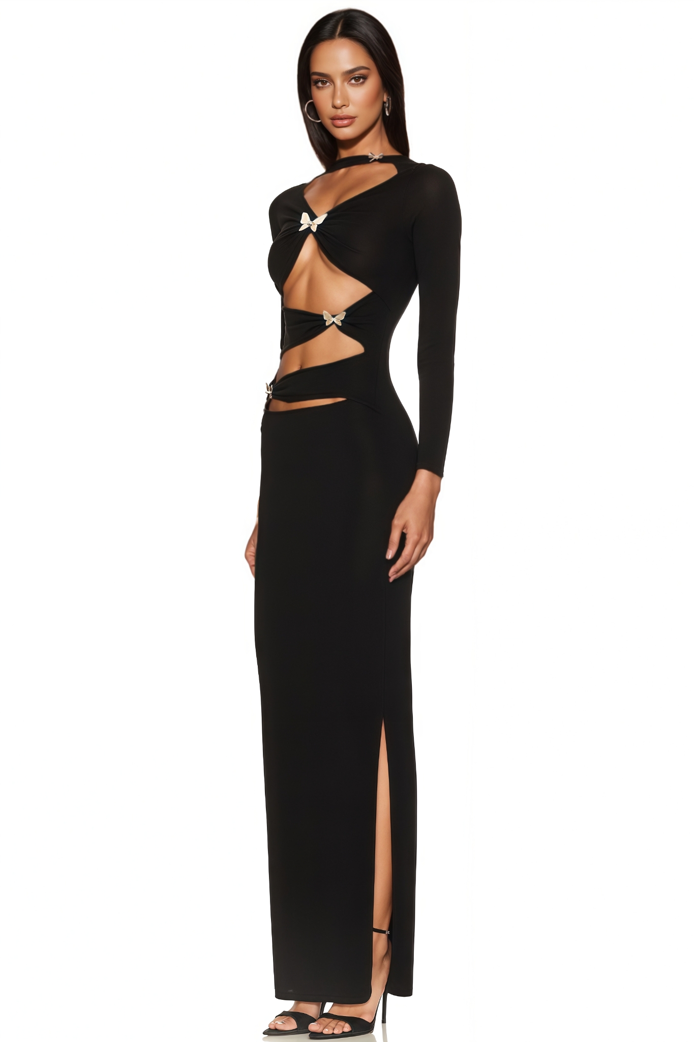 Fern Black Long Sleeve Butterfly Slit Maxi Dress