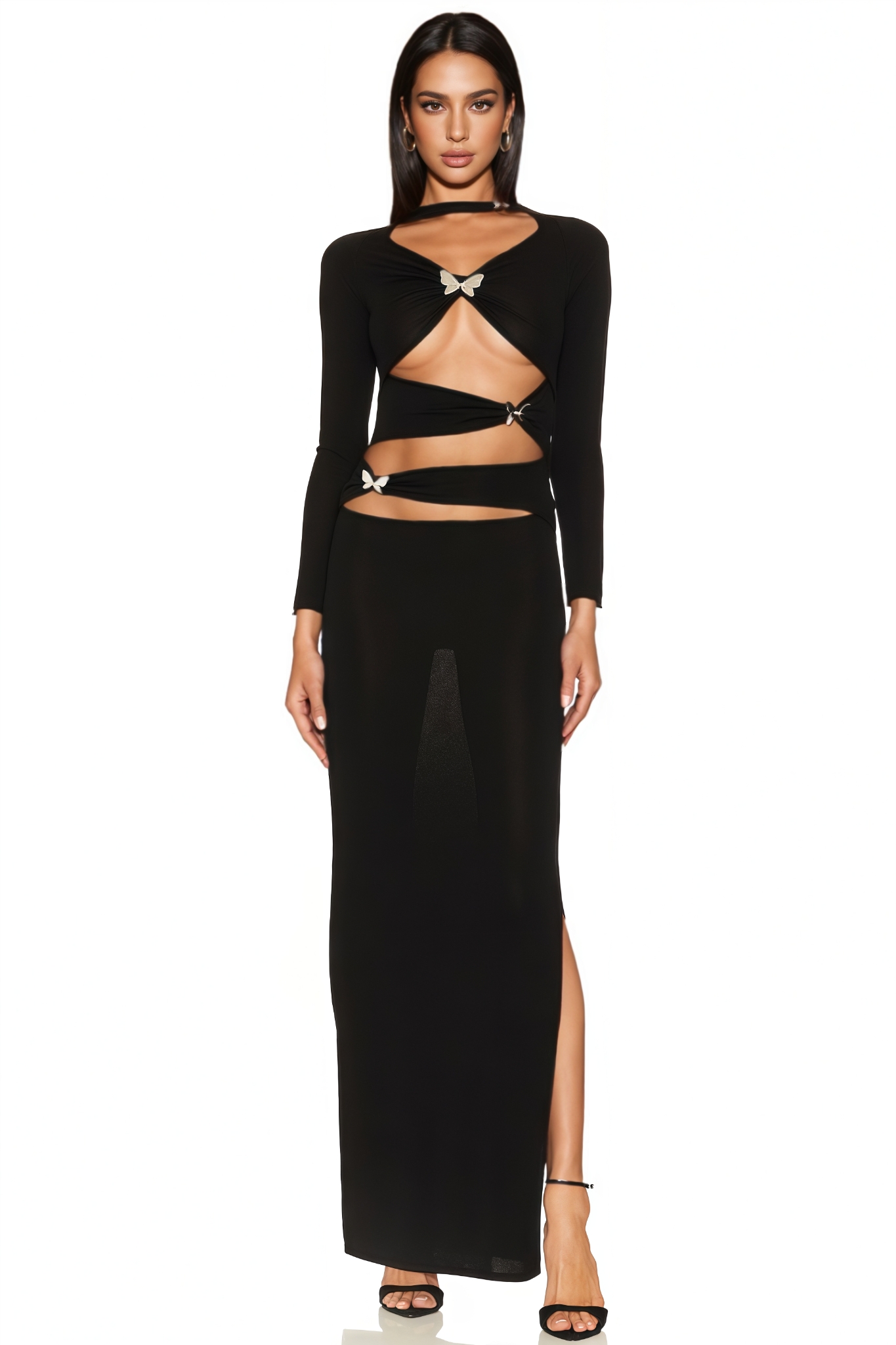 Fern Black Long Sleeve Butterfly Slit Maxi Dress