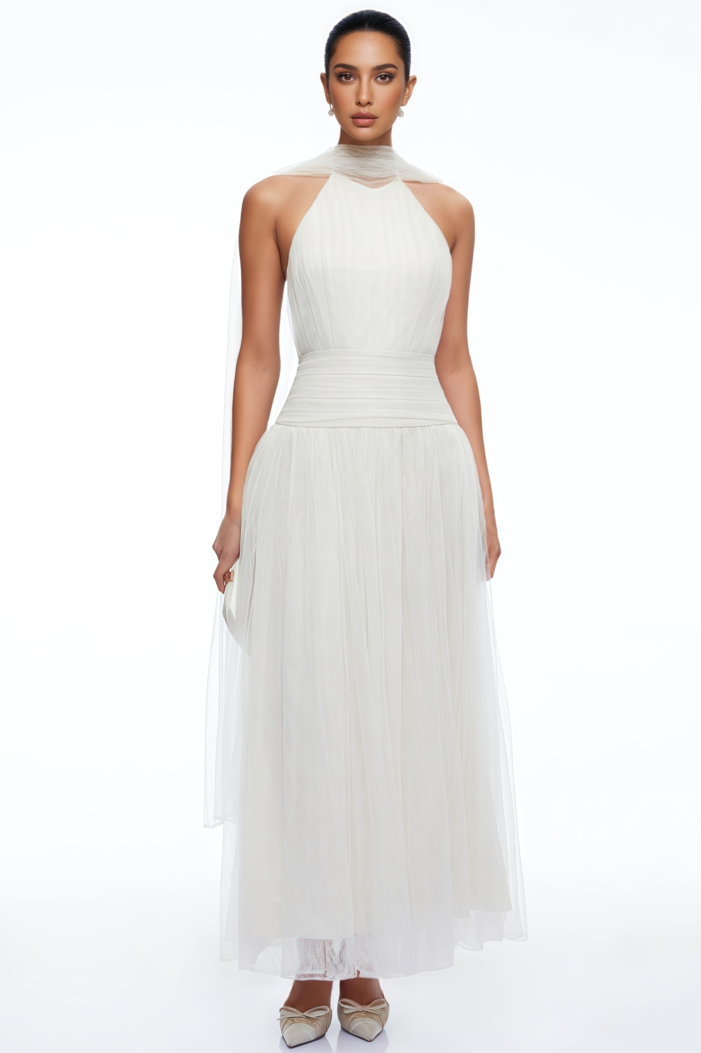 Parcivl Beige Halter Neck Mesh Maxi Dress