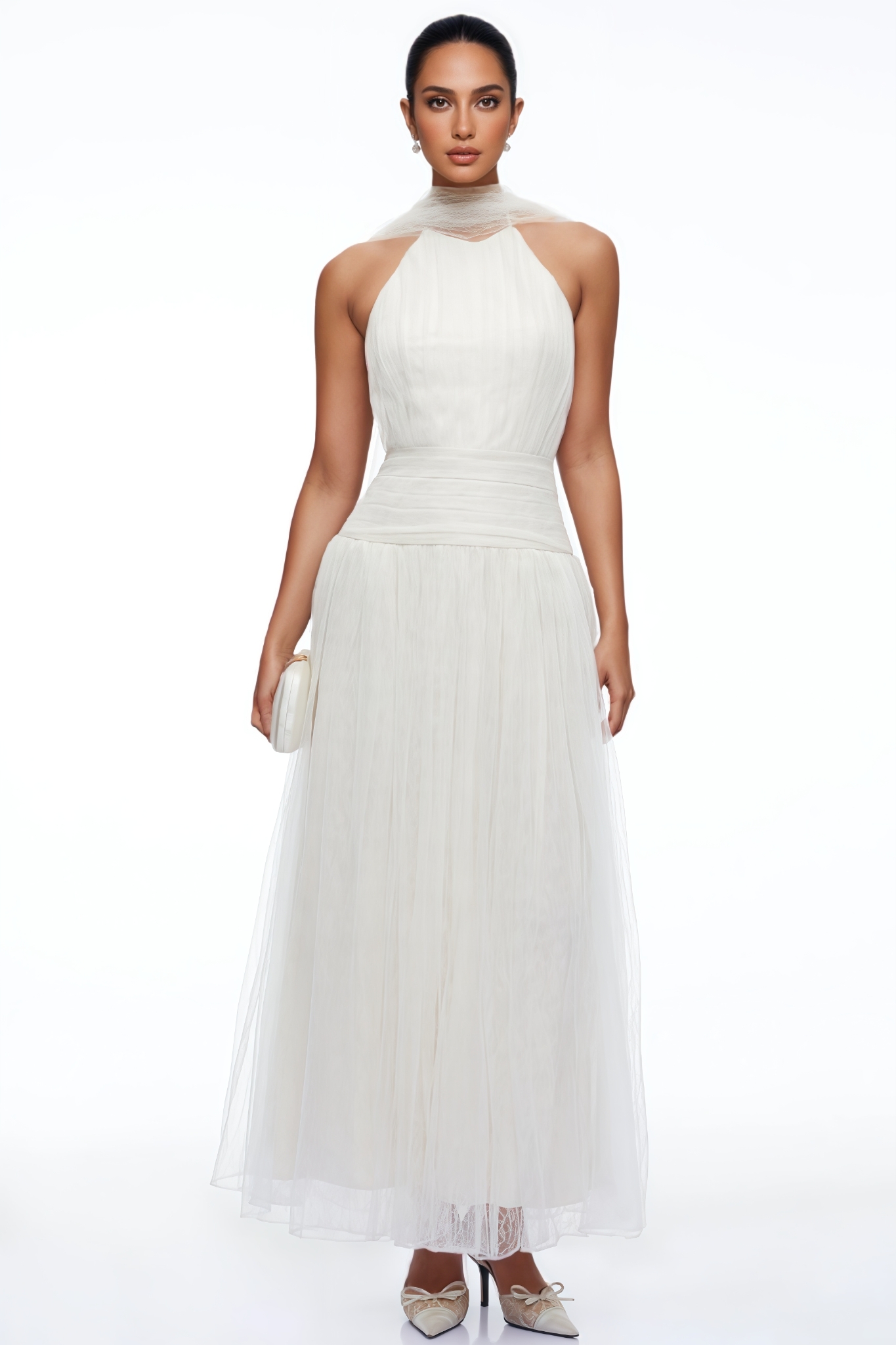 Parcivl Beige Halter Neck Mesh Maxi Dress
