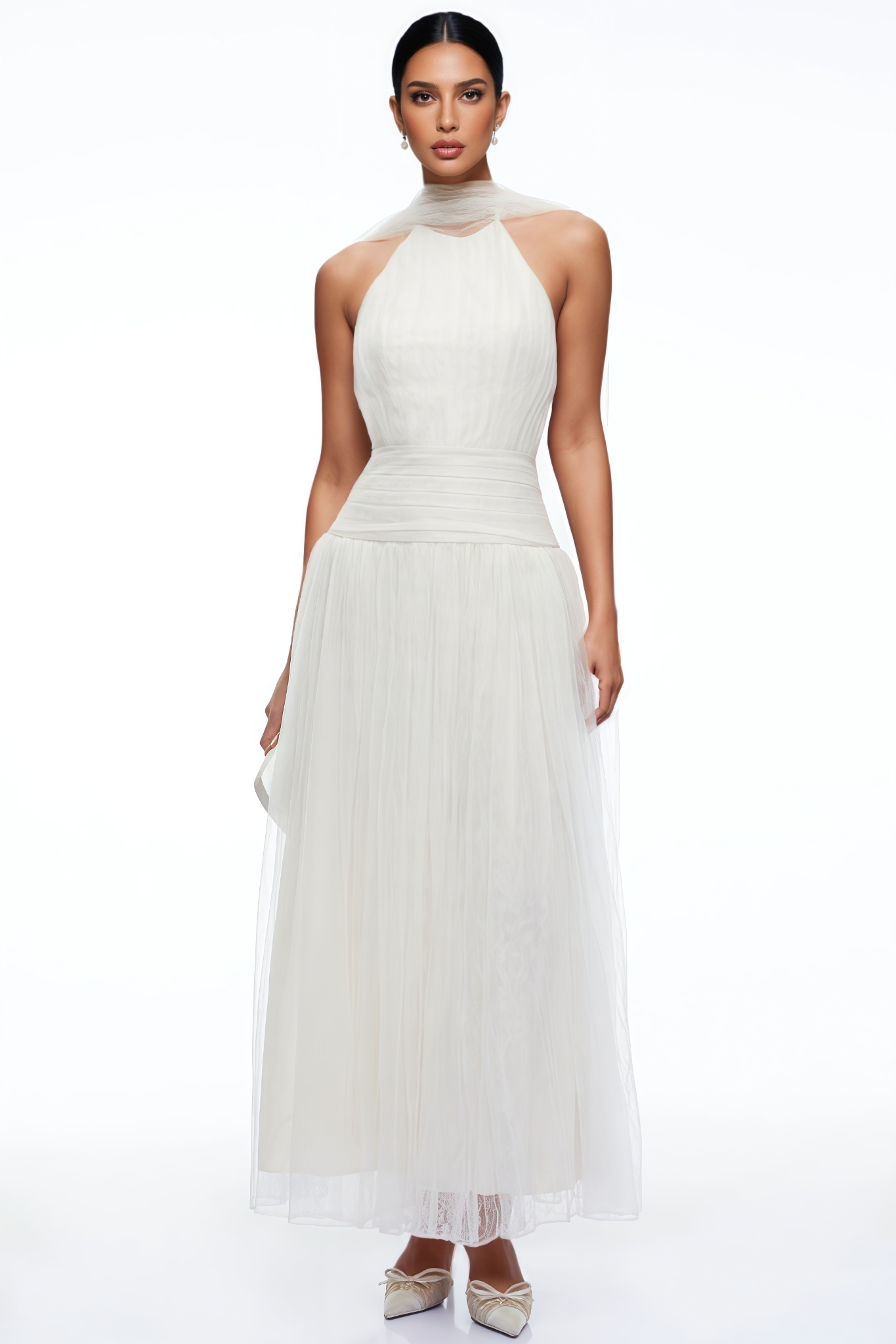 Parcivl Beige Halter Neck Mesh Maxi Dress