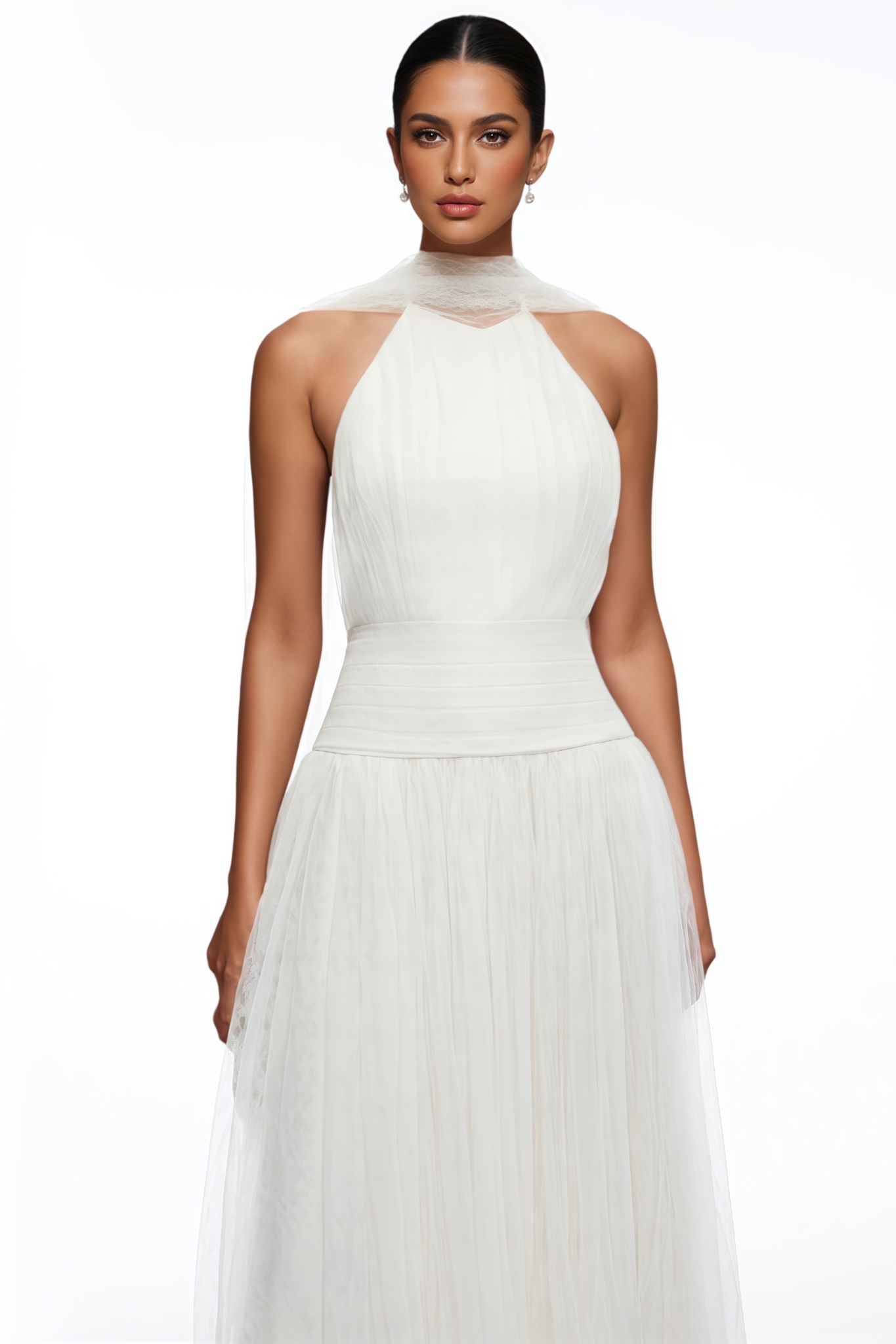 Parcivl Beige Halter Neck Mesh Maxi Dress
