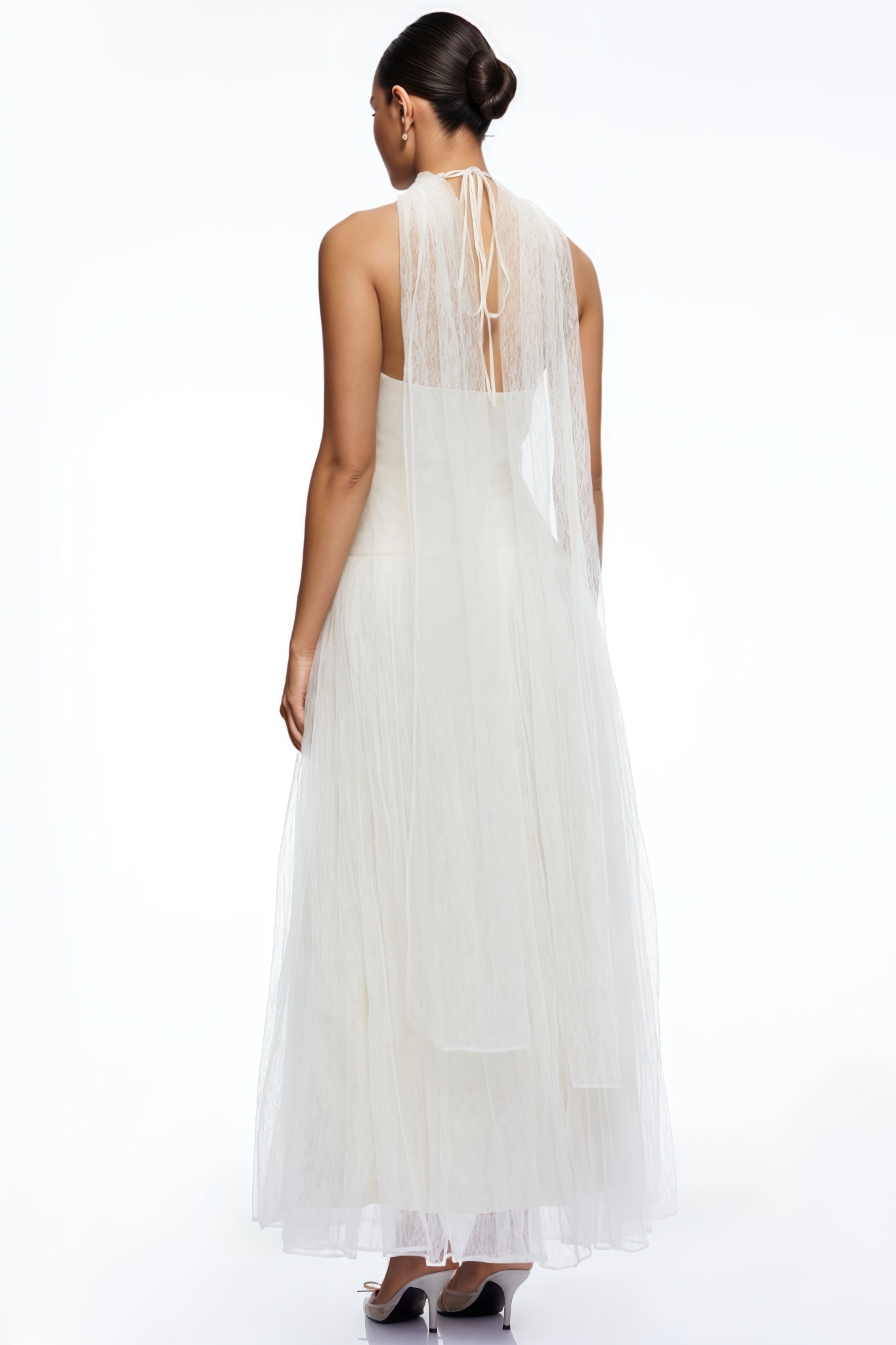 Parcivl Beige Halter Neck Mesh Maxi Dress