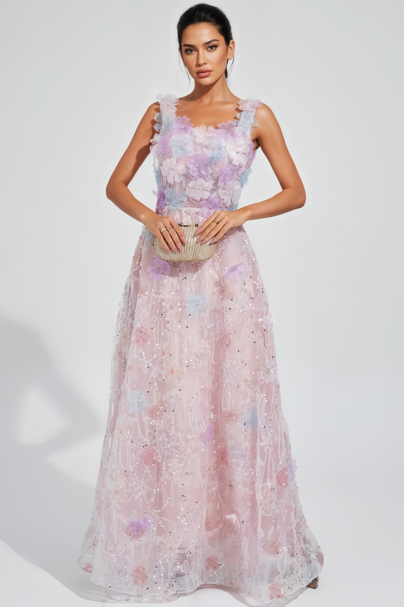 Zarlt Pink Flower Sequin Maxi Dress