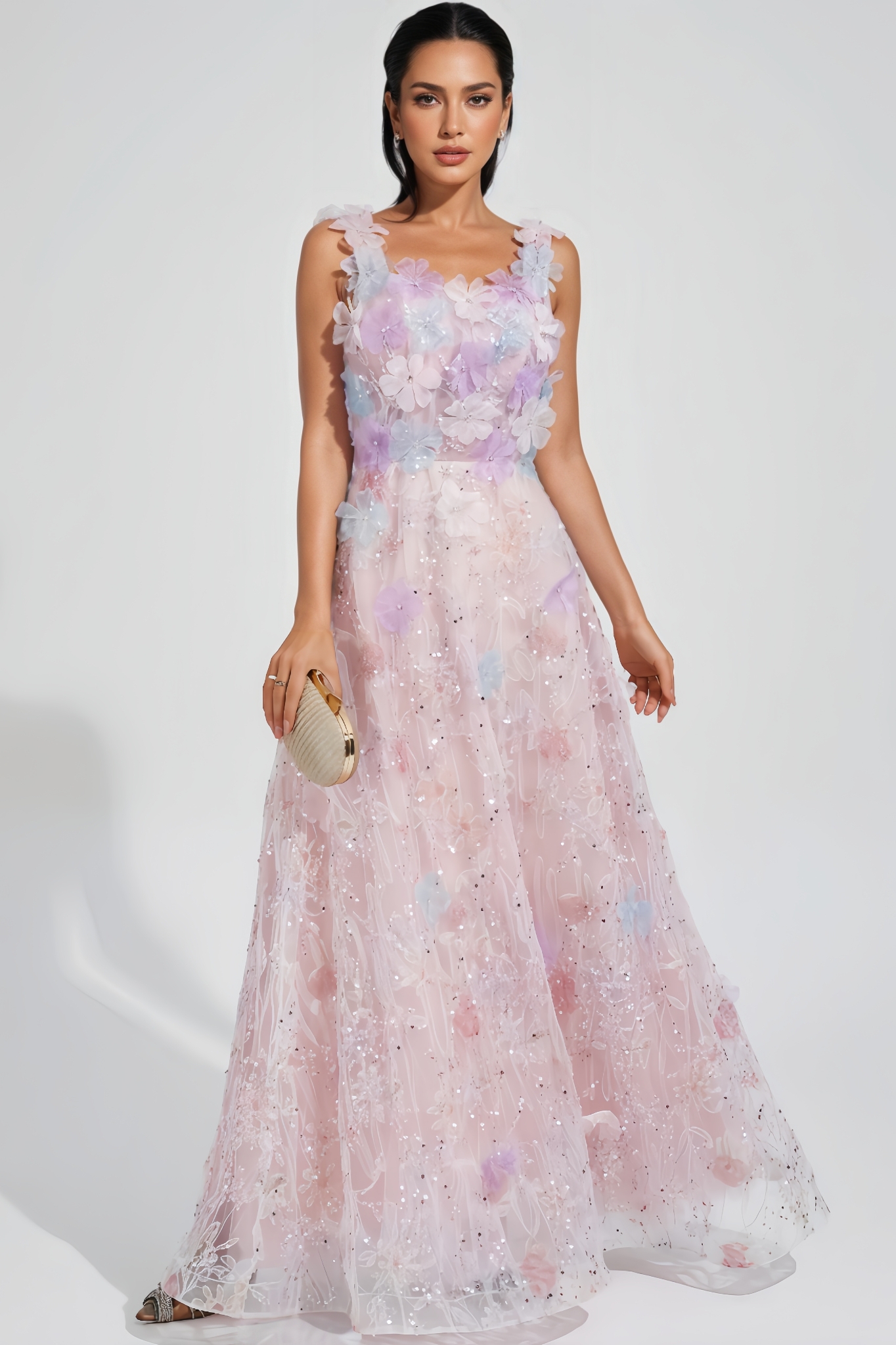 Zarlt Pink Flower Sequin Maxi Dress