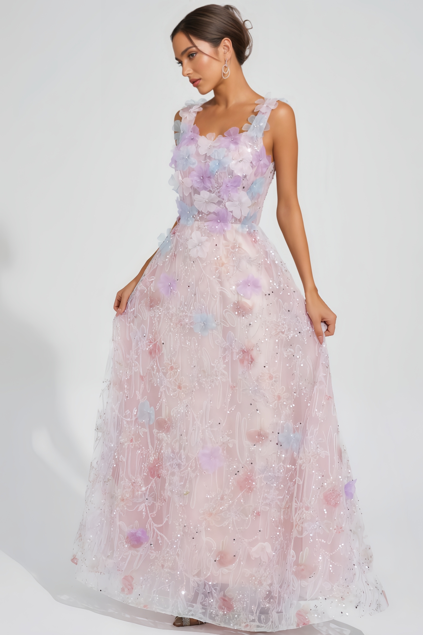 Zarlt Pink Flower Sequin Maxi Dress
