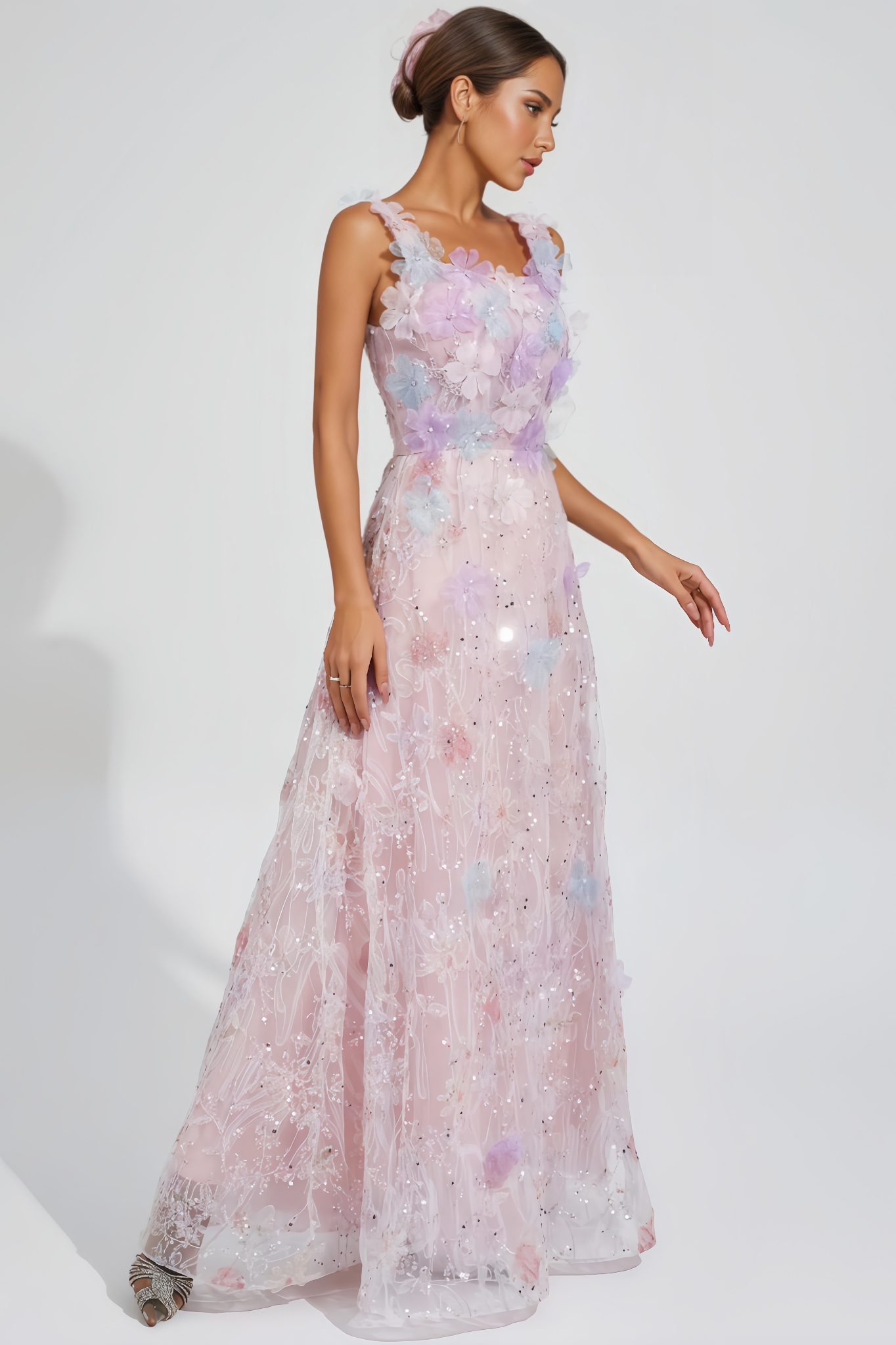 Zarlt Pink Flower Sequin Maxi Dress