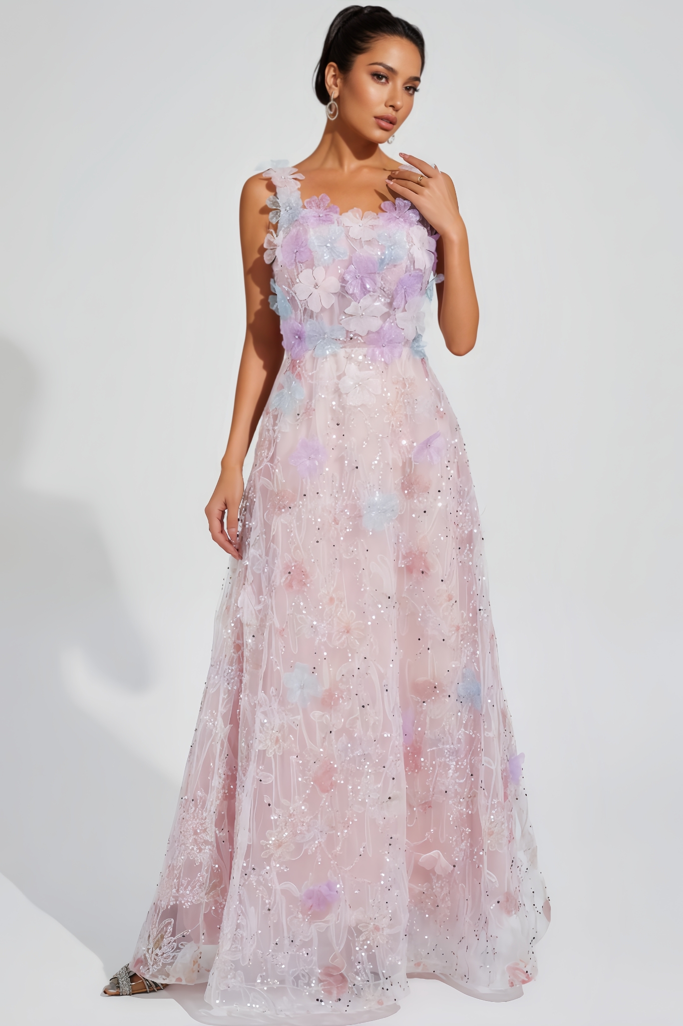 Zarlt Pink Flower Sequin Maxi Dress