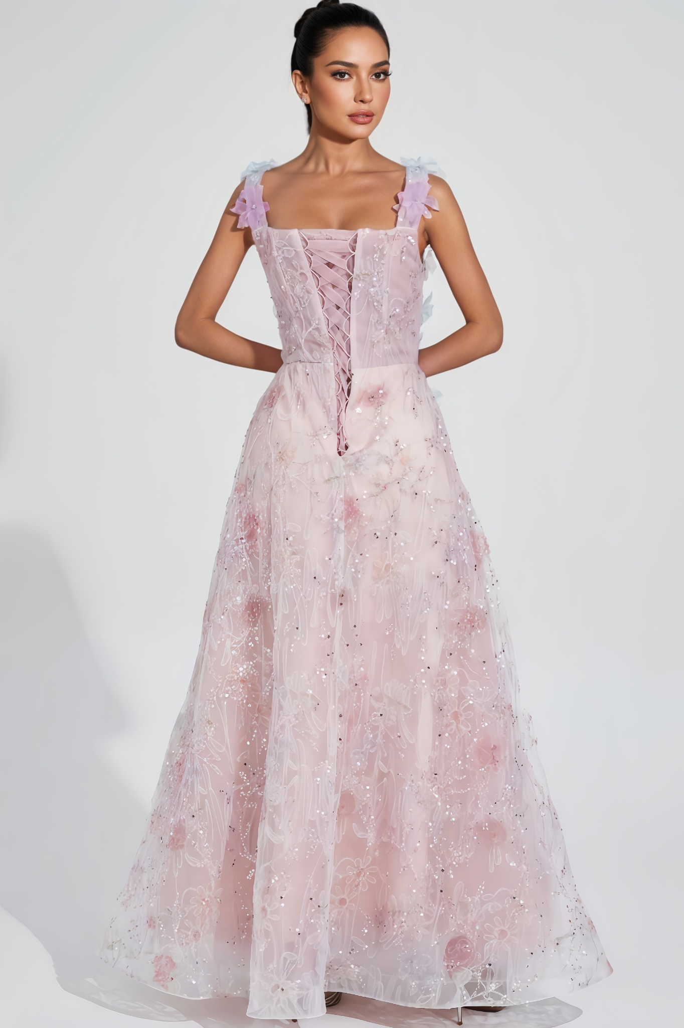 Zarlt Pink Flower Sequin Maxi Dress