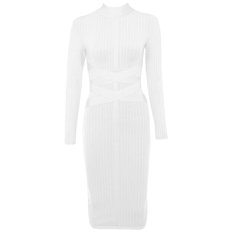 Rajiv White Stand Collar Midi Dress