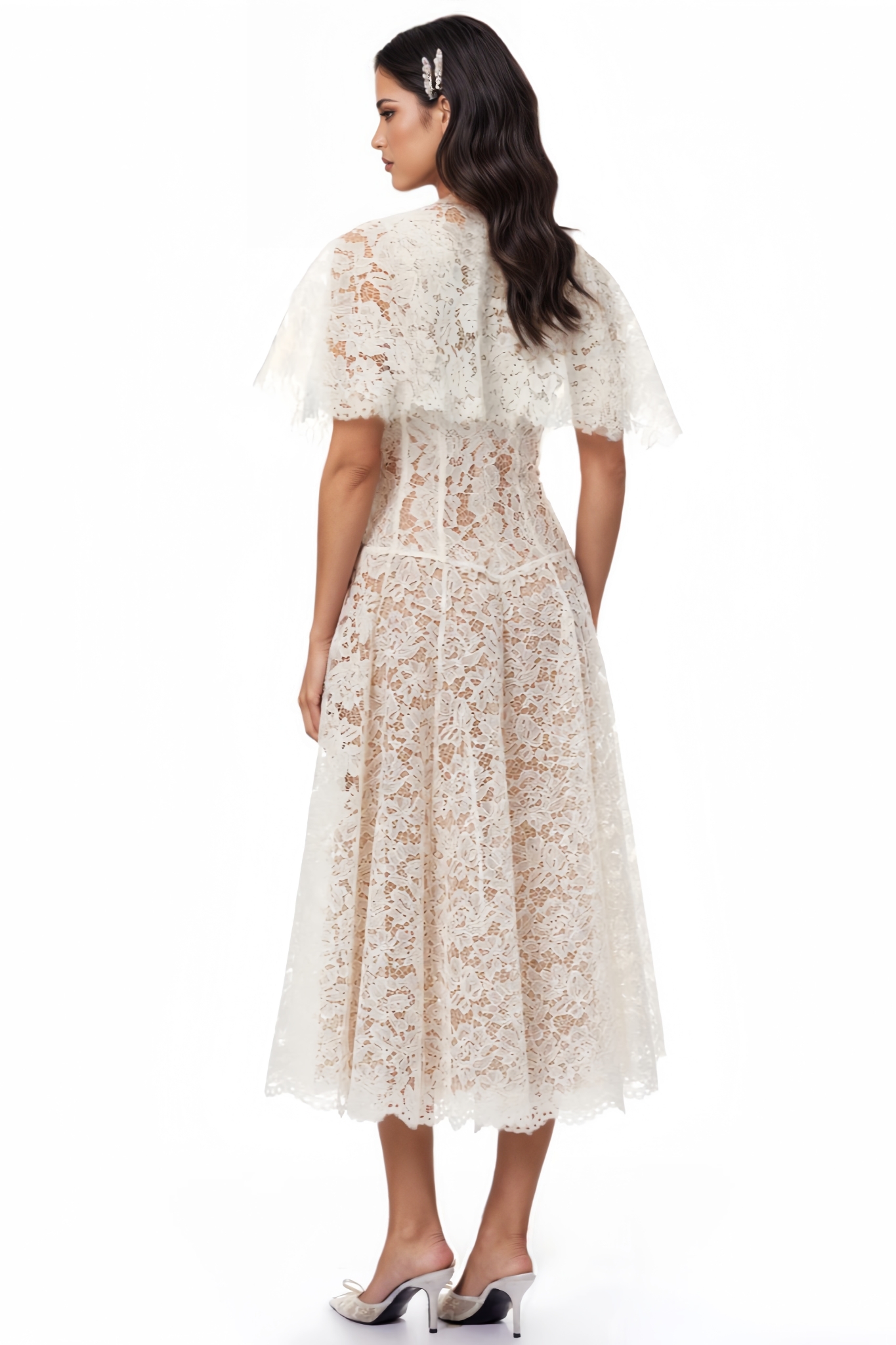 Orvy White Short Sleeve Lace Midi Dress
