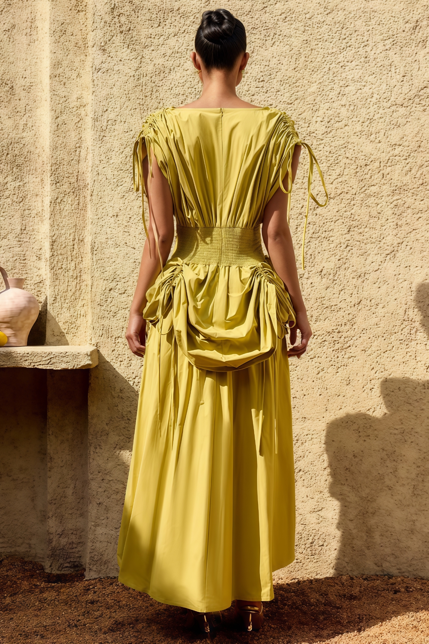 Grated Green Pleated Maxi Dress