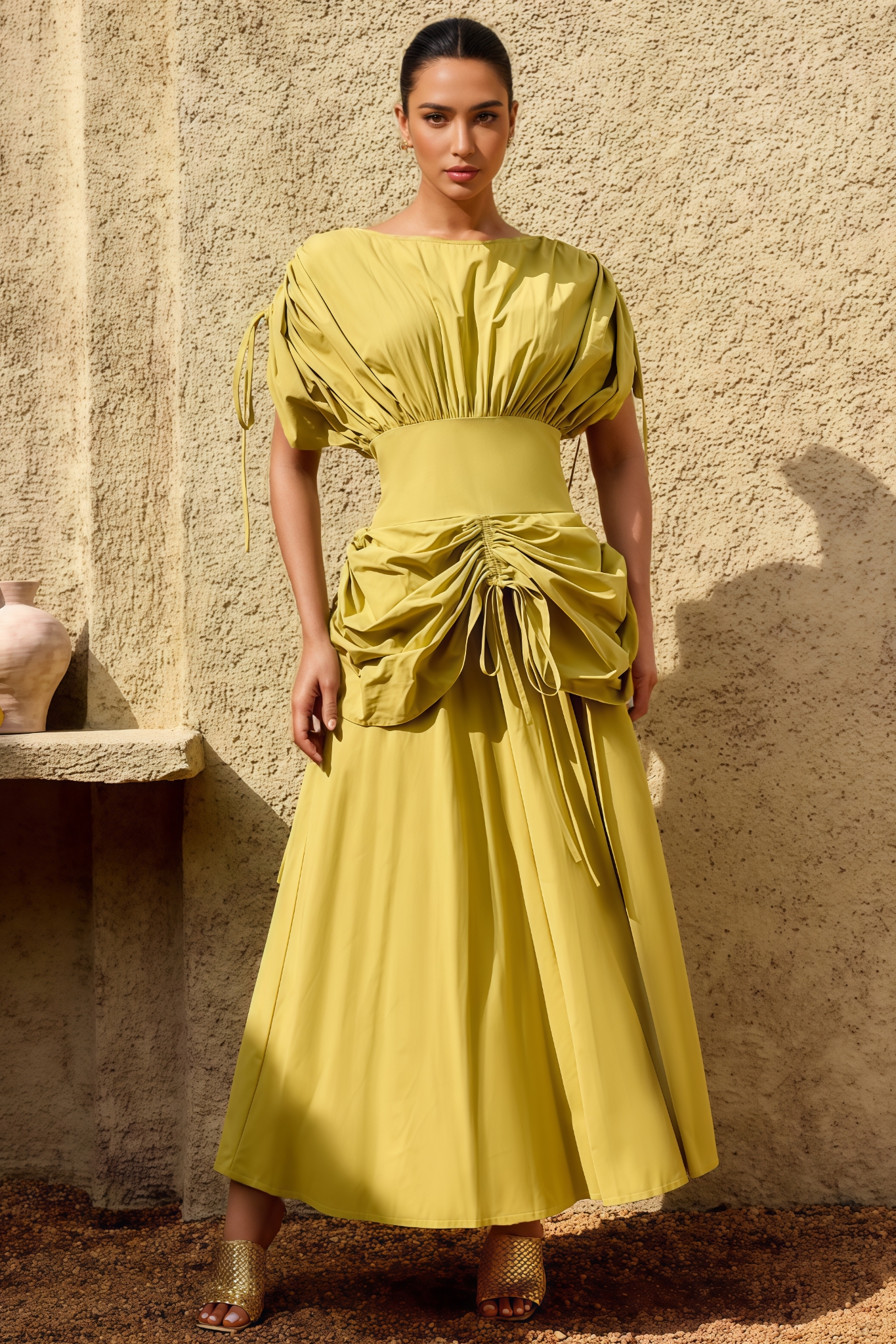 Grated Green Pleated Maxi Dress