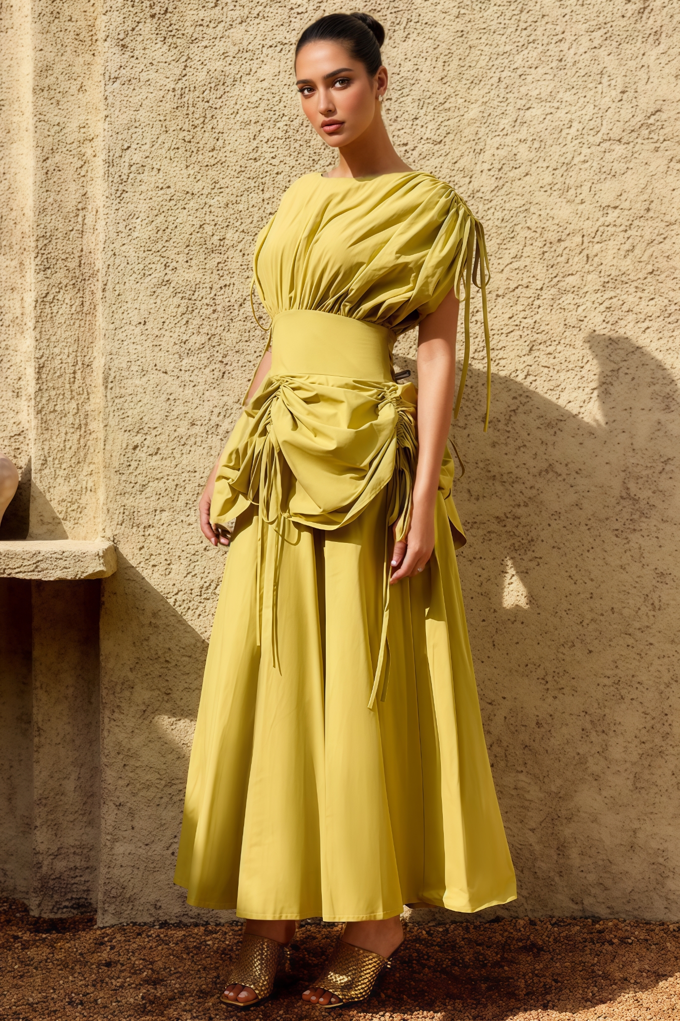 Grated Green Pleated Maxi Dress