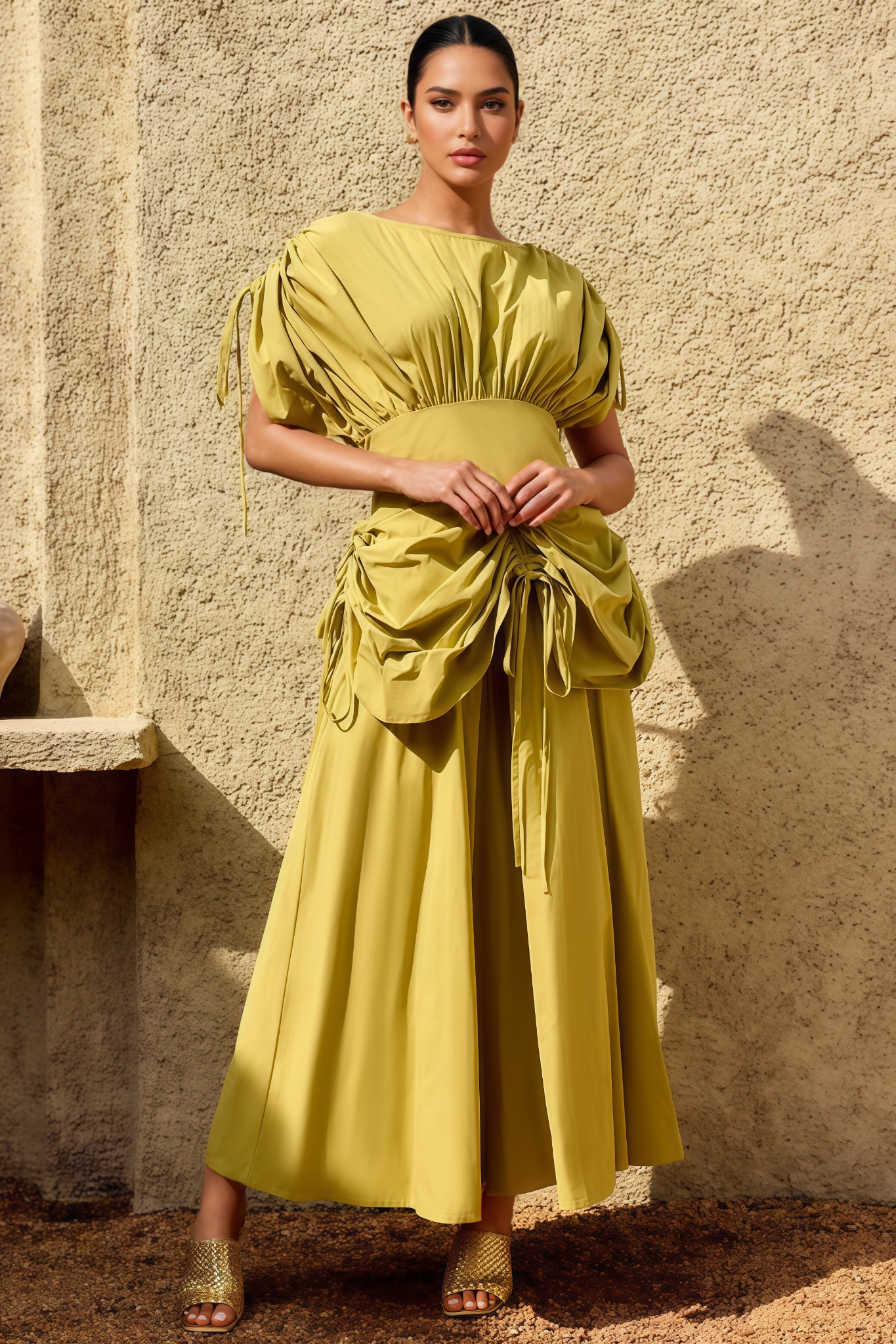 Grated Green Pleated Maxi Dress
