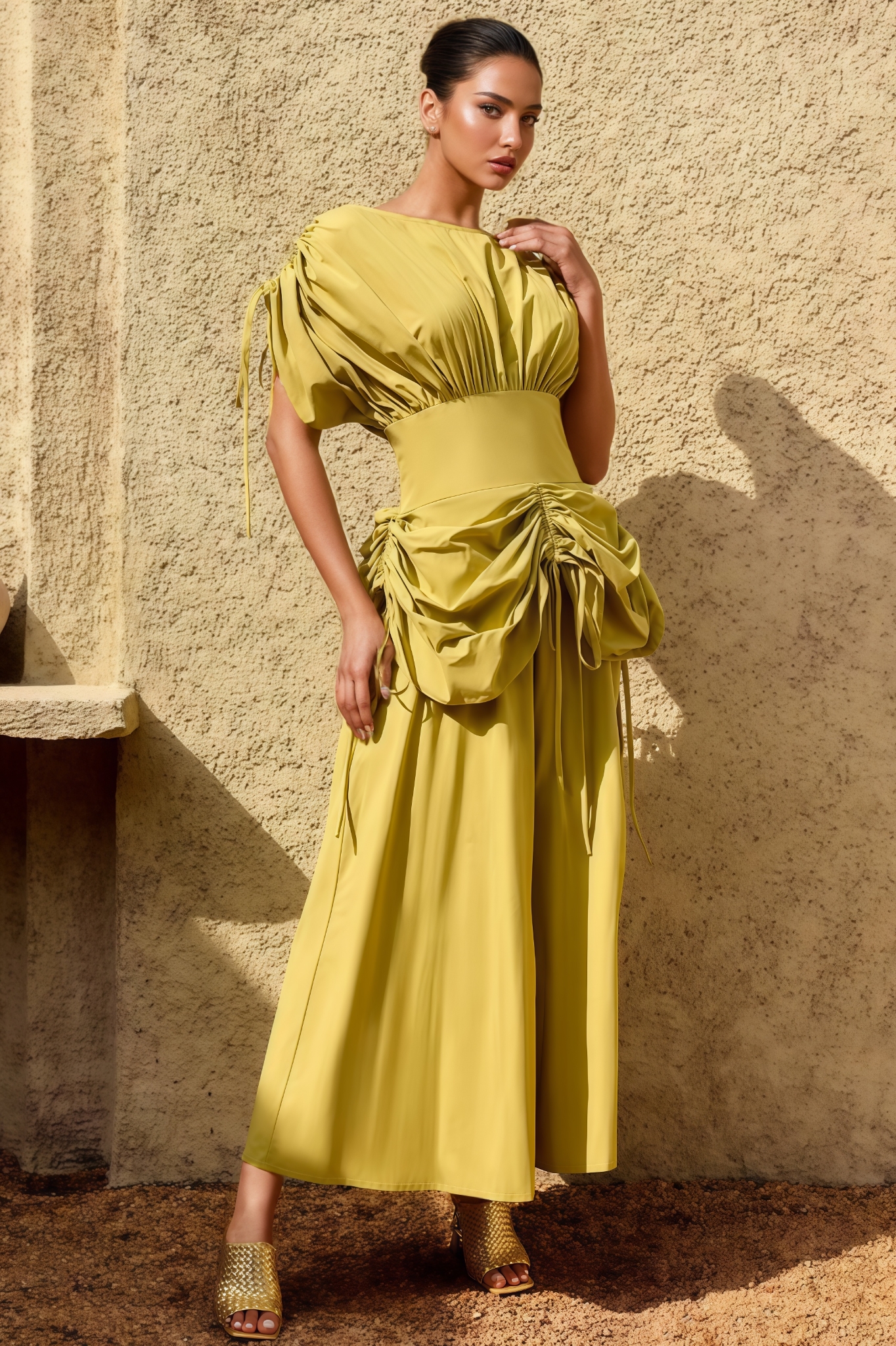 Grated Green Pleated Maxi Dress