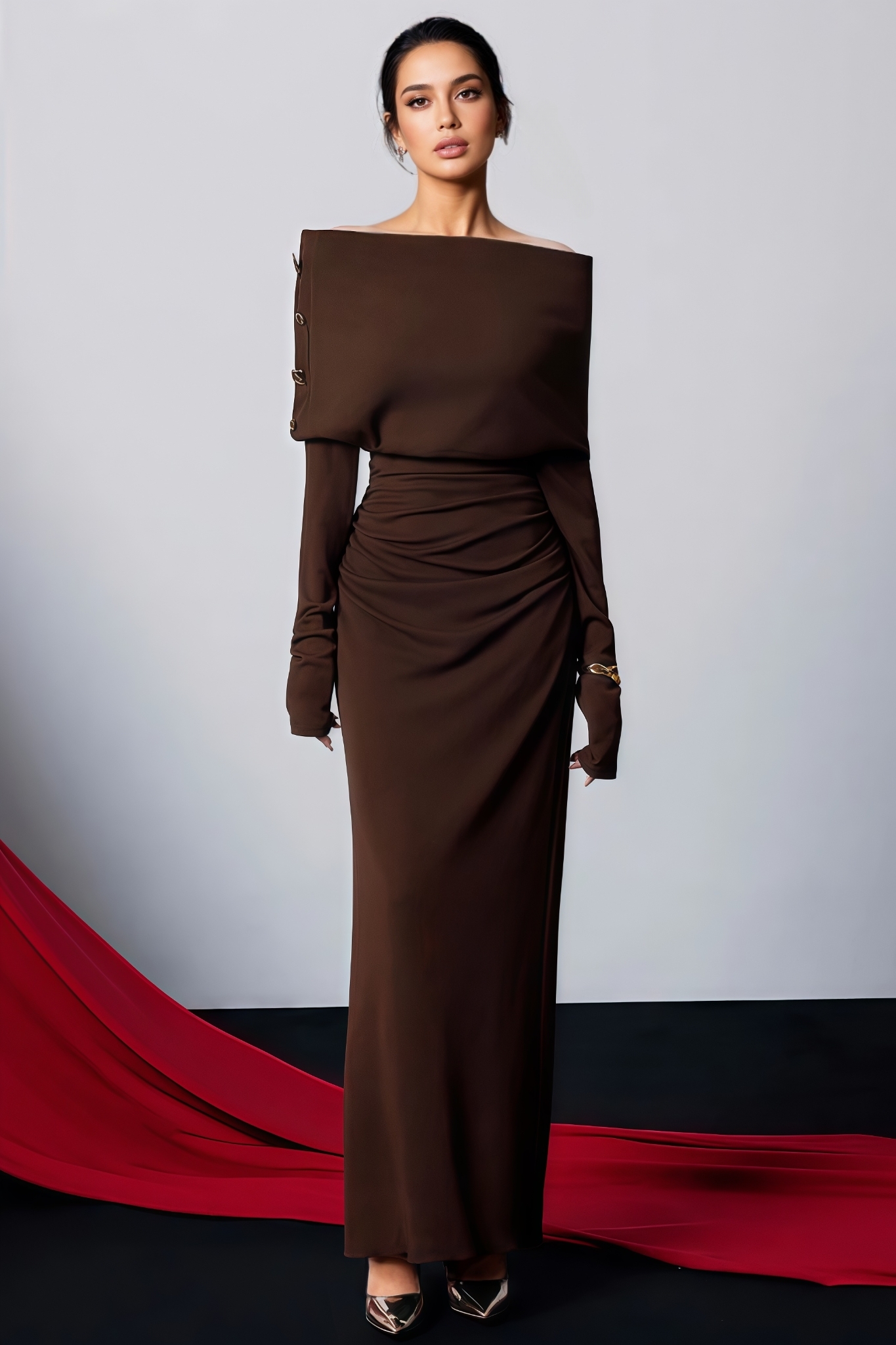 Eleura Brown Off The Shoulder Maxi Dress