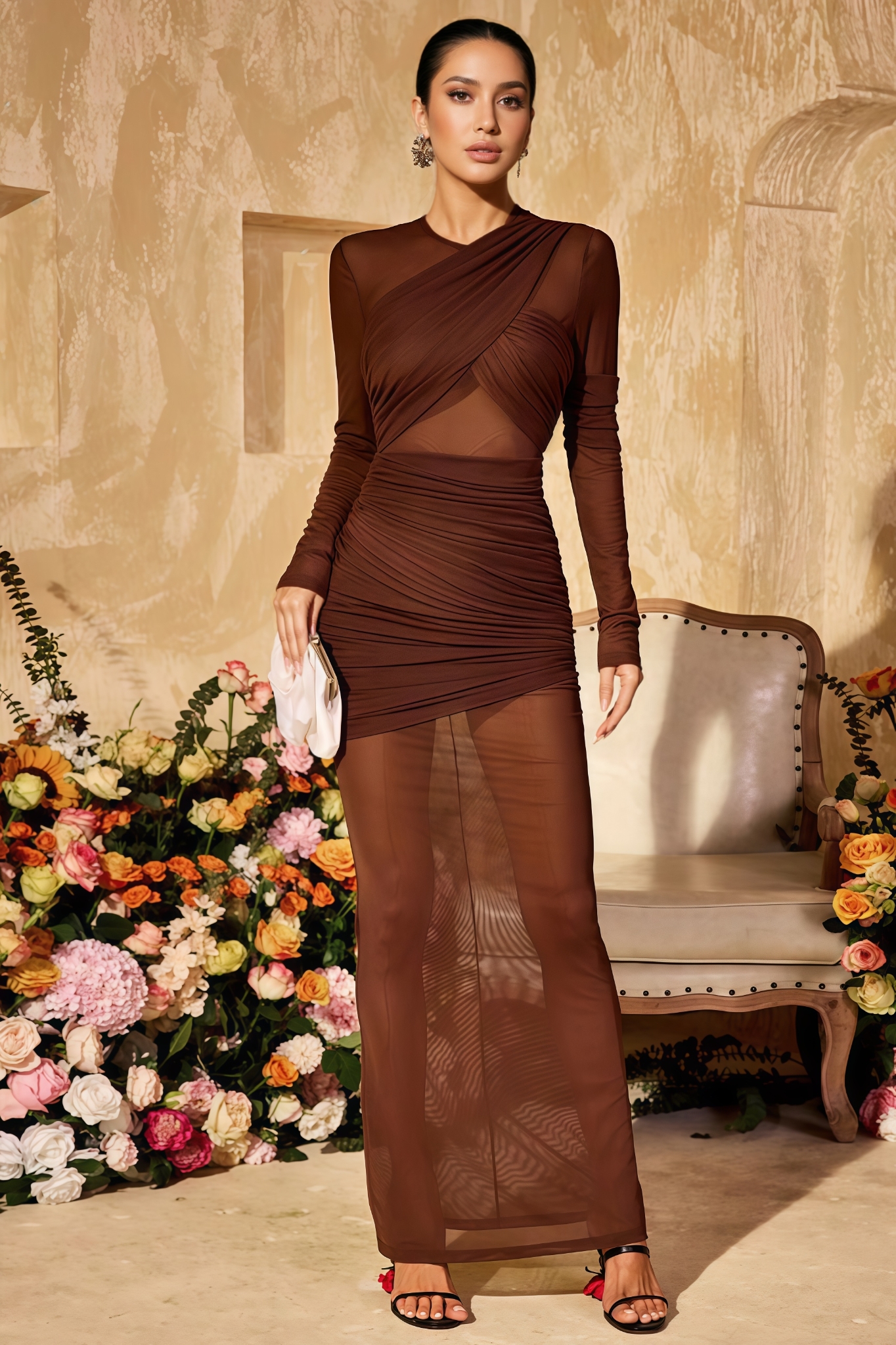 Vionlp Brown Long Sleeve Ruched Mesh Maxi Dress