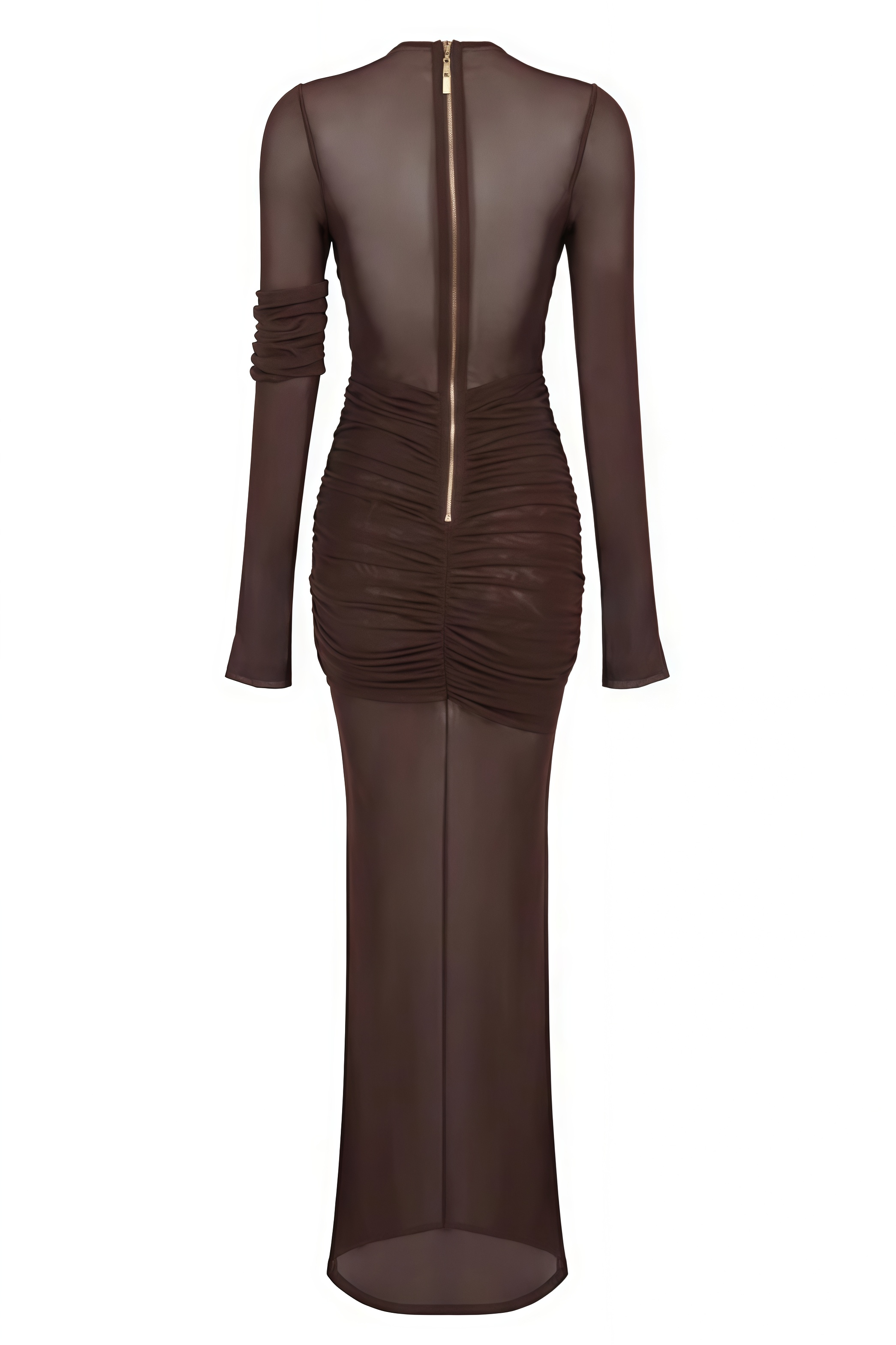 Vionlp Brown Long Sleeve Ruched Mesh Maxi Dress