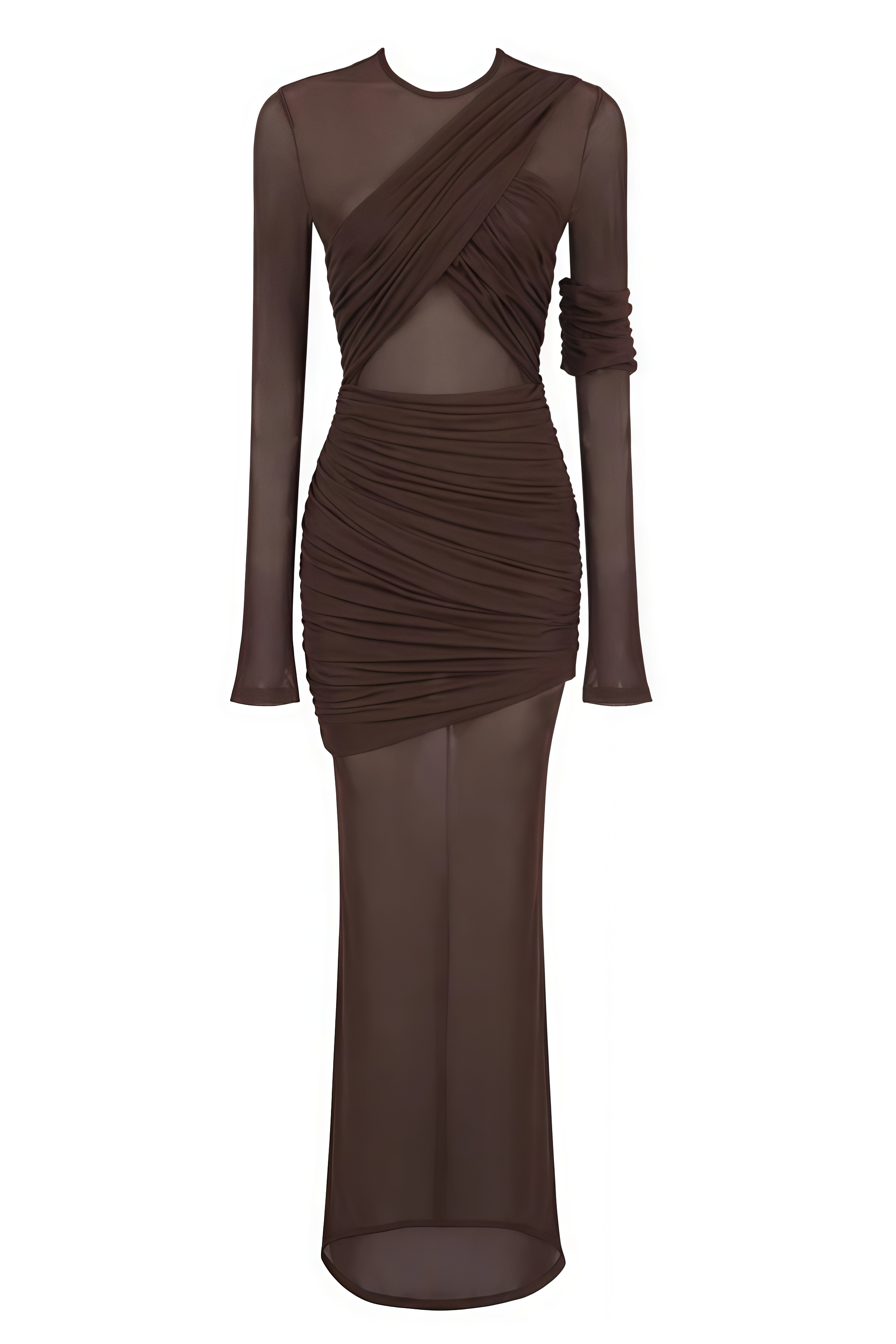 Vionlp Brown Long Sleeve Ruched Mesh Maxi Dress