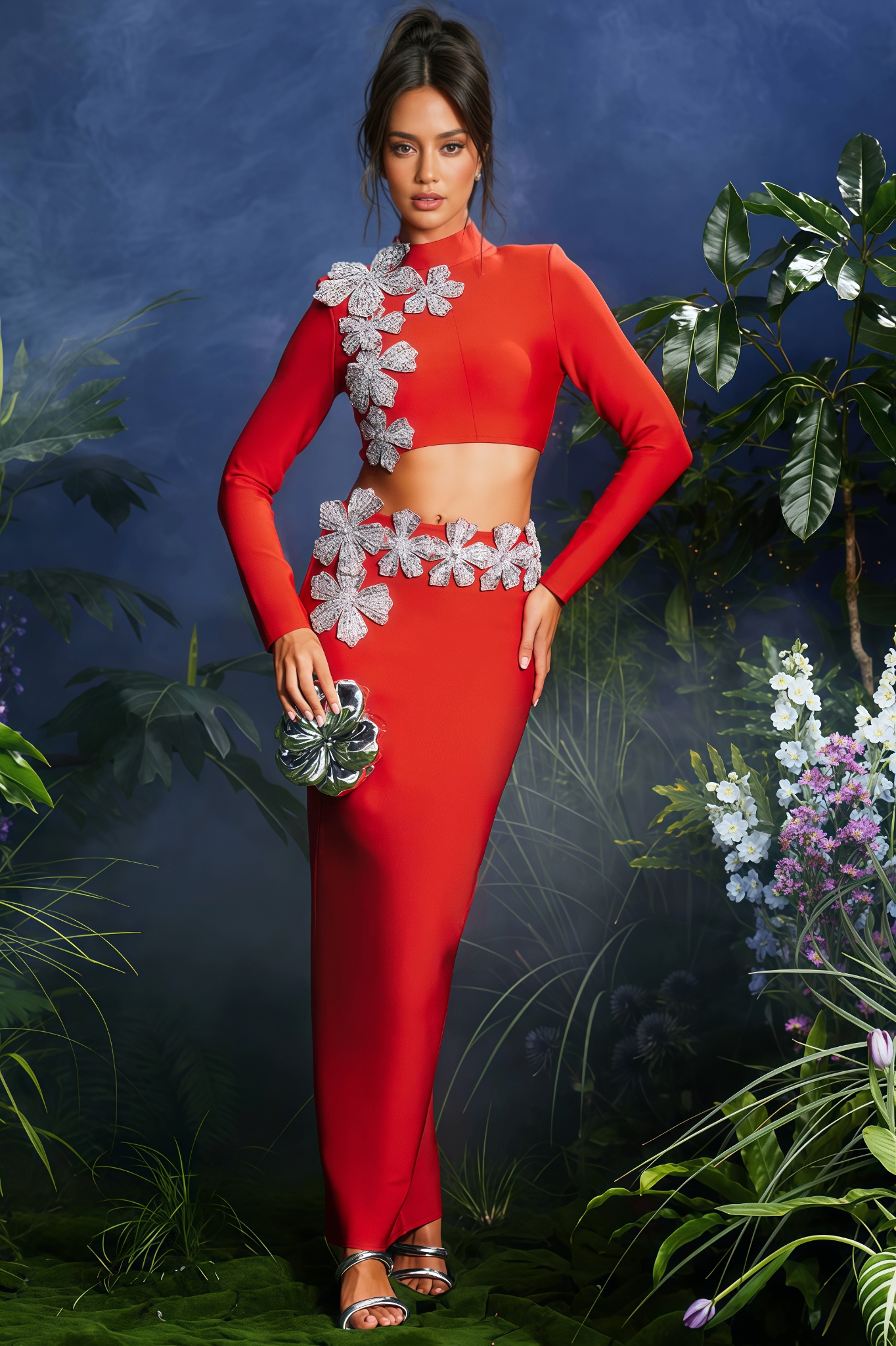 Therak Red Flower Bandage Maxi Dress Set