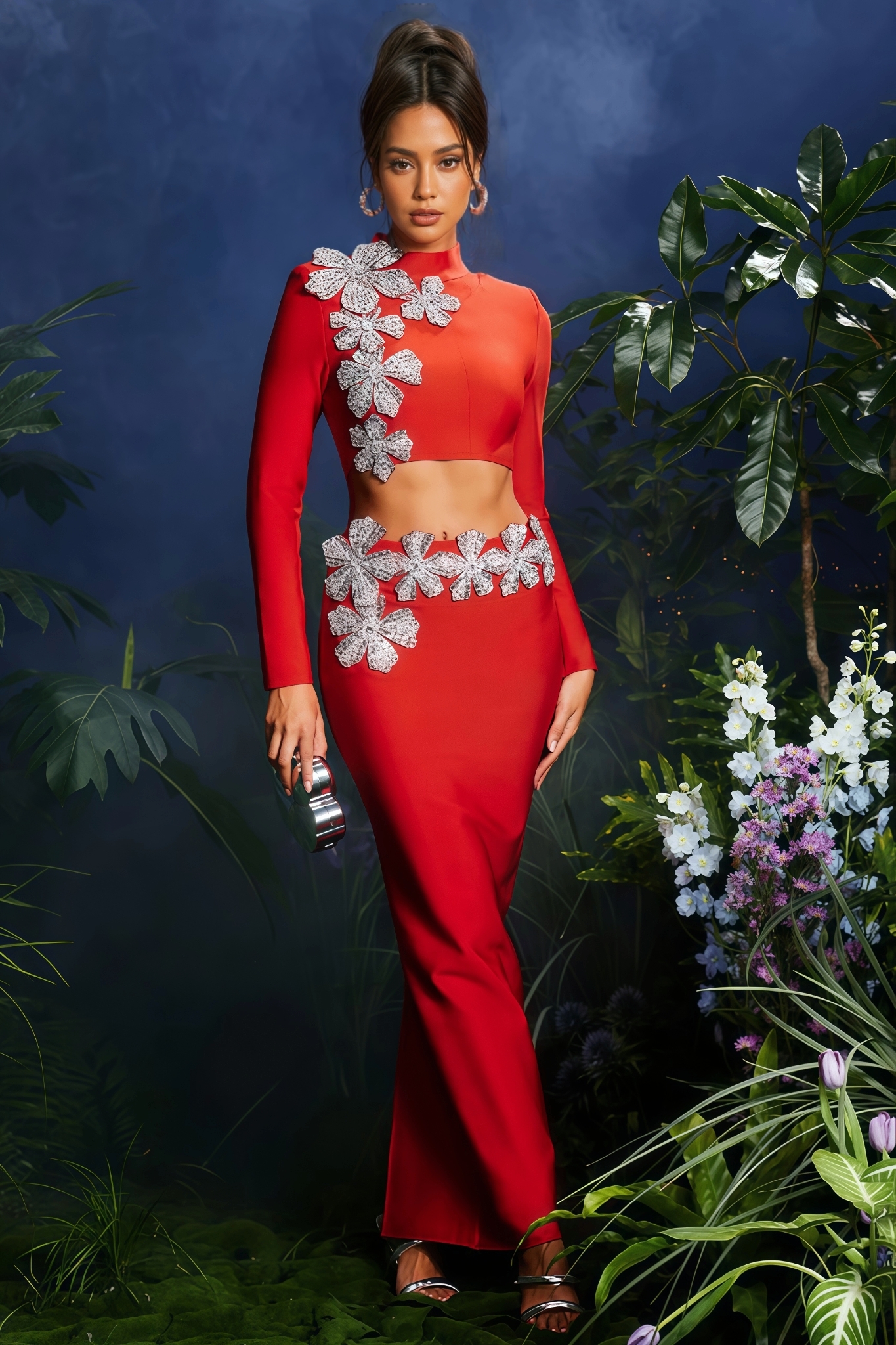 Therak Red Flower Bandage Maxi Dress Set