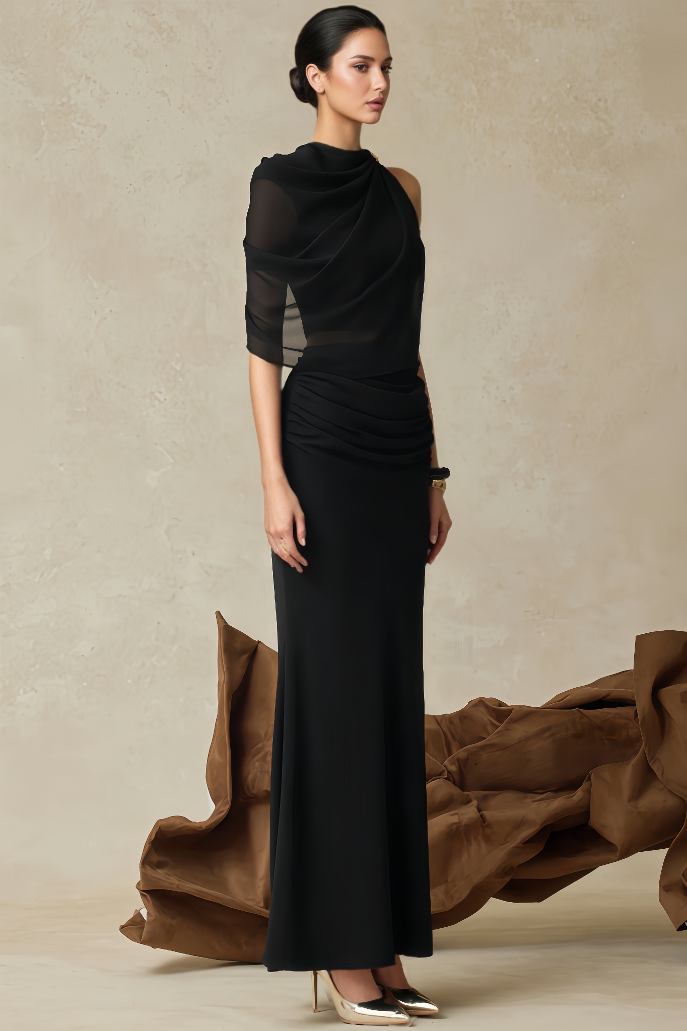 Jaceip Black One-Sleeve Pleated Maxi Dress Set