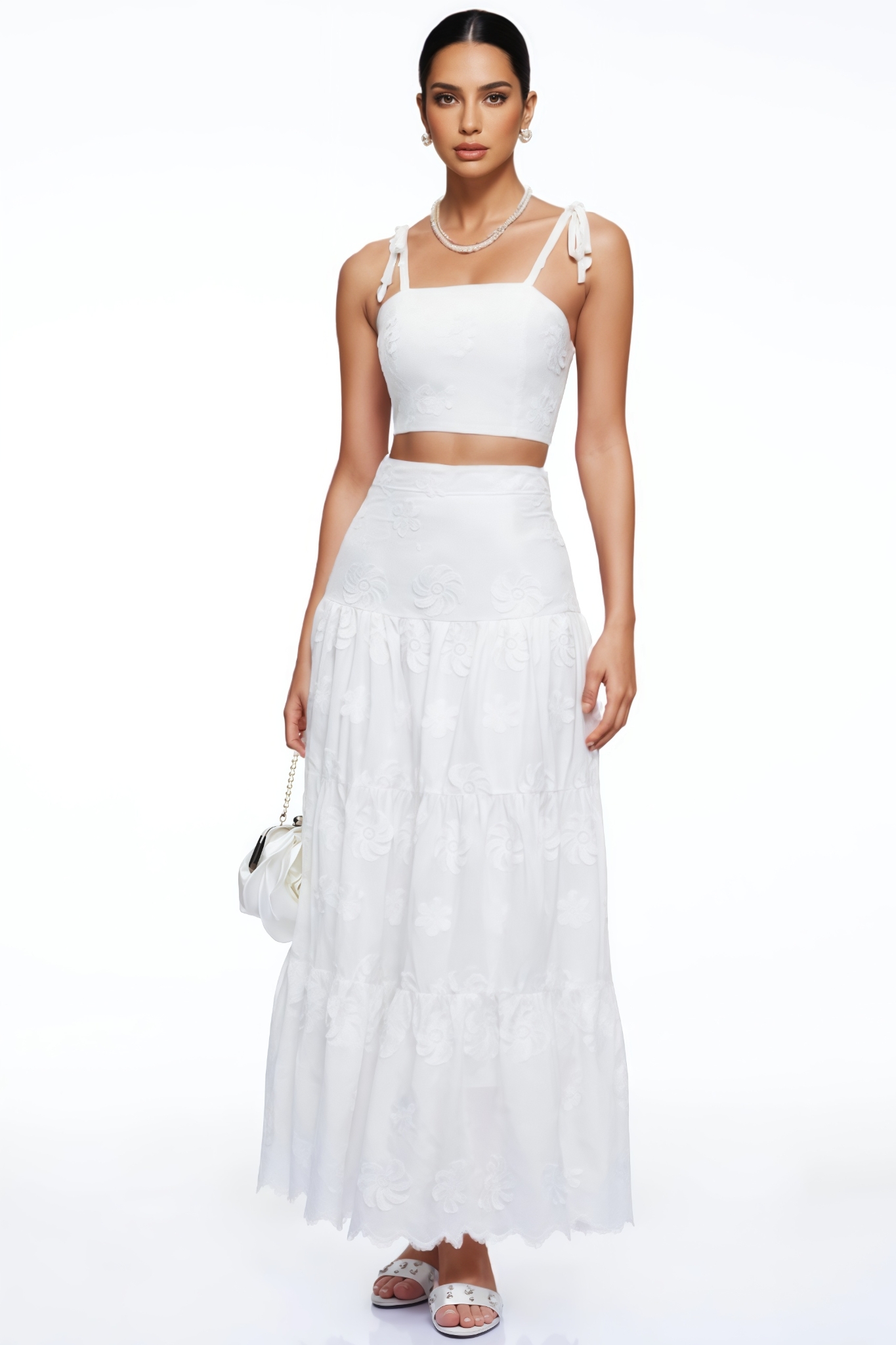 Peraphina White Halter Embroidered Maxi Dress Set
