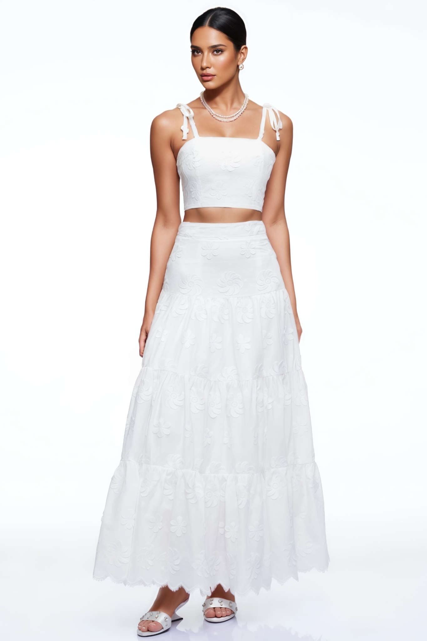 Peraphina White Halter Embroidered Maxi Dress Set