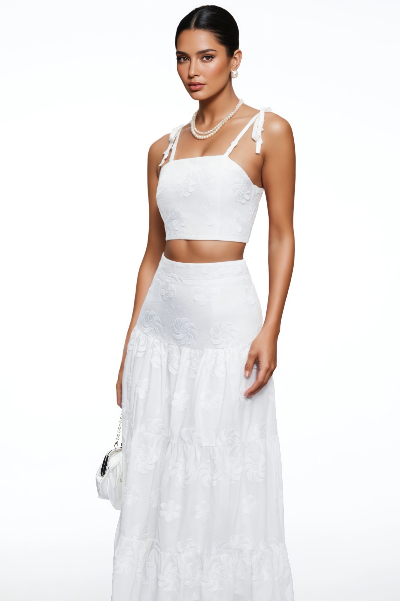 Peraphina White Halter Embroidered Maxi Dress Set