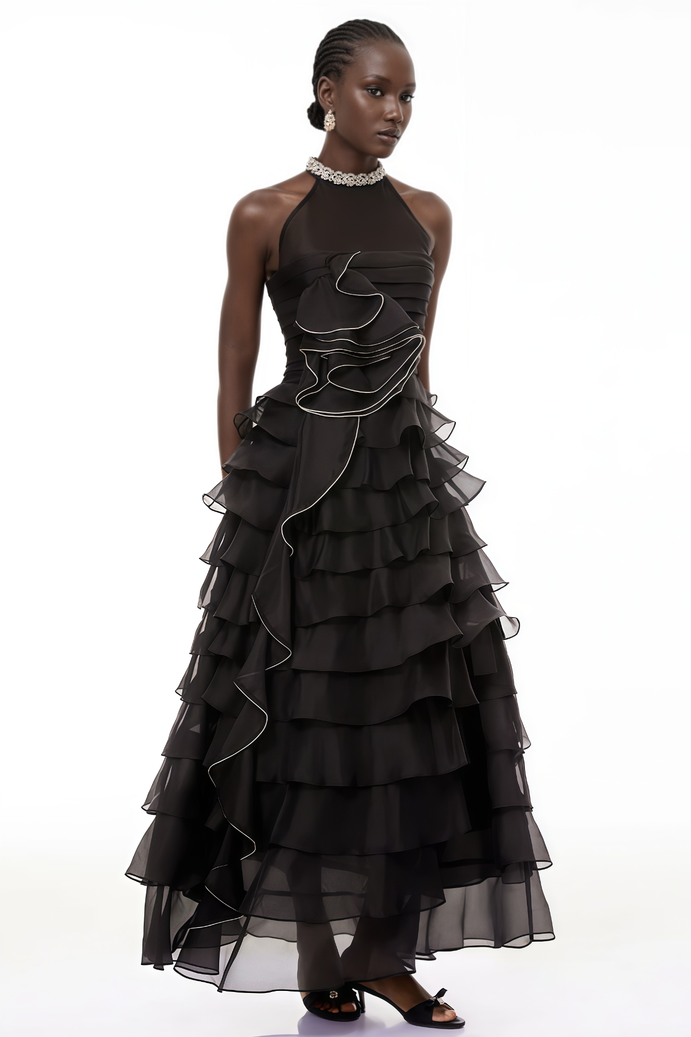 Kaliny Black 3D Petal Ruffled Maxi Dress