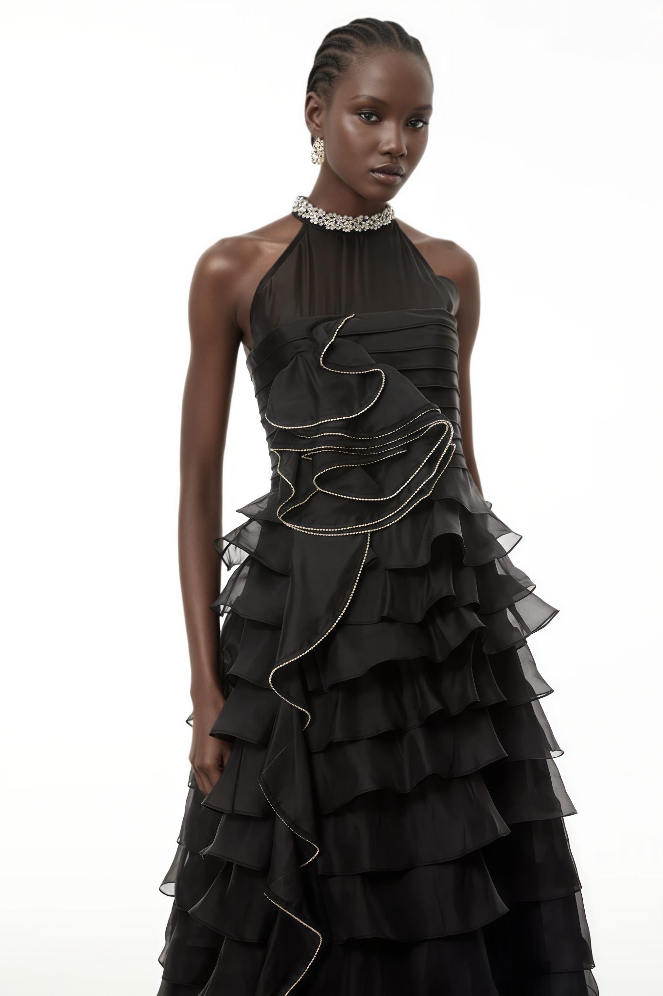 Kaliny Black 3D Petal Ruffled Maxi Dress