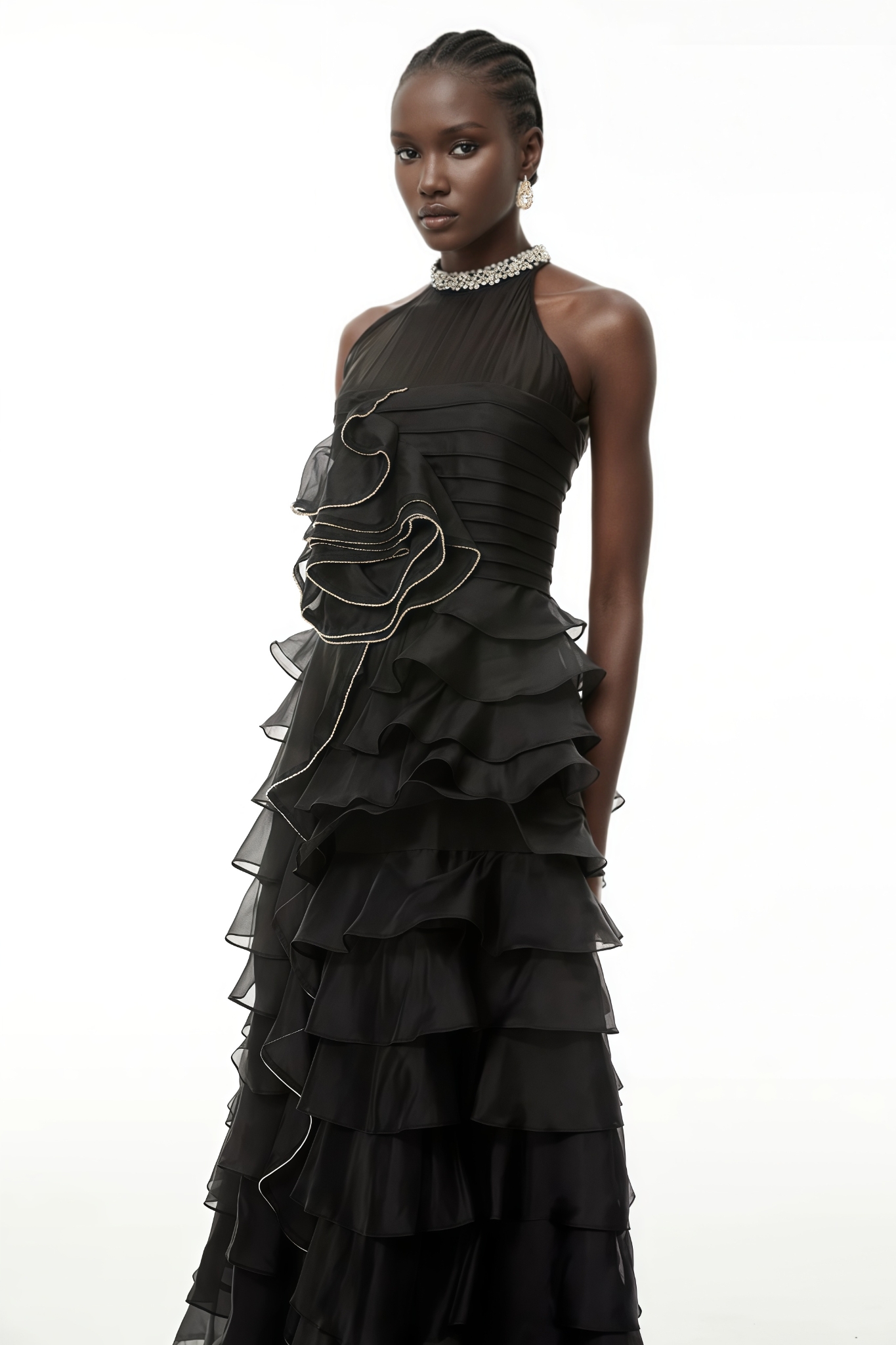 Kaliny Black 3D Petal Ruffled Maxi Dress