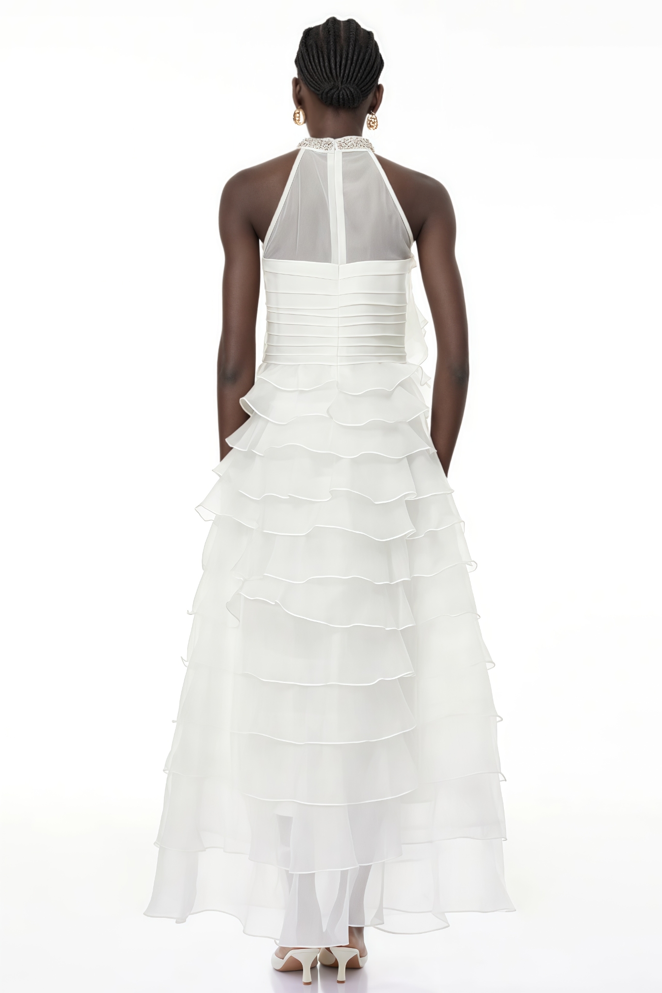 Jorink White 3D Petal Ruffled Maxi Dress