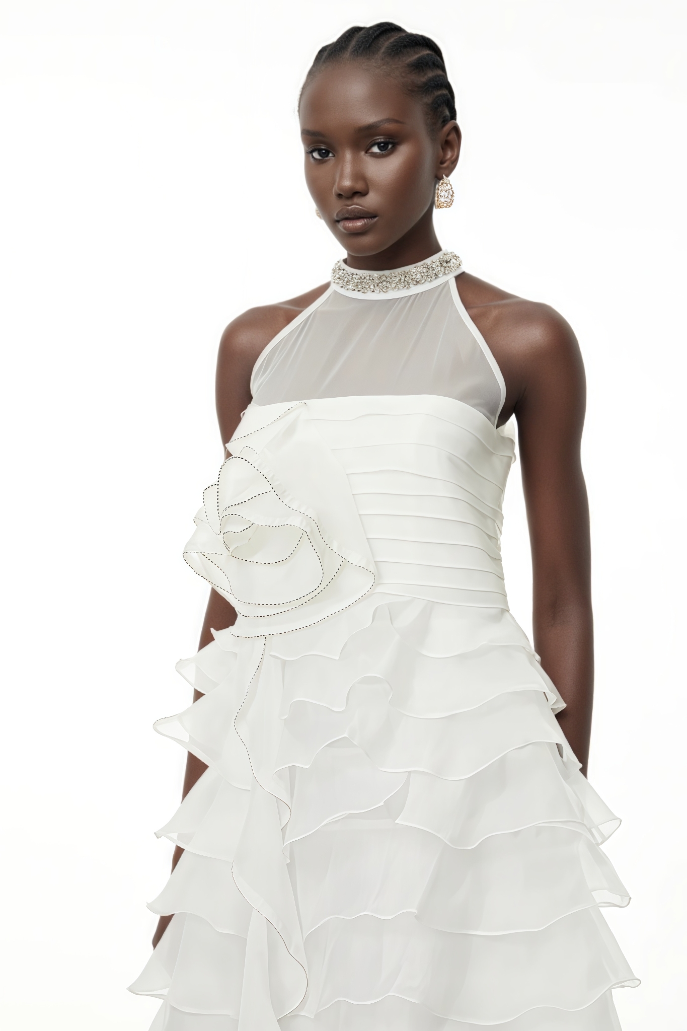 Jorink White 3D Petal Ruffled Maxi Dress