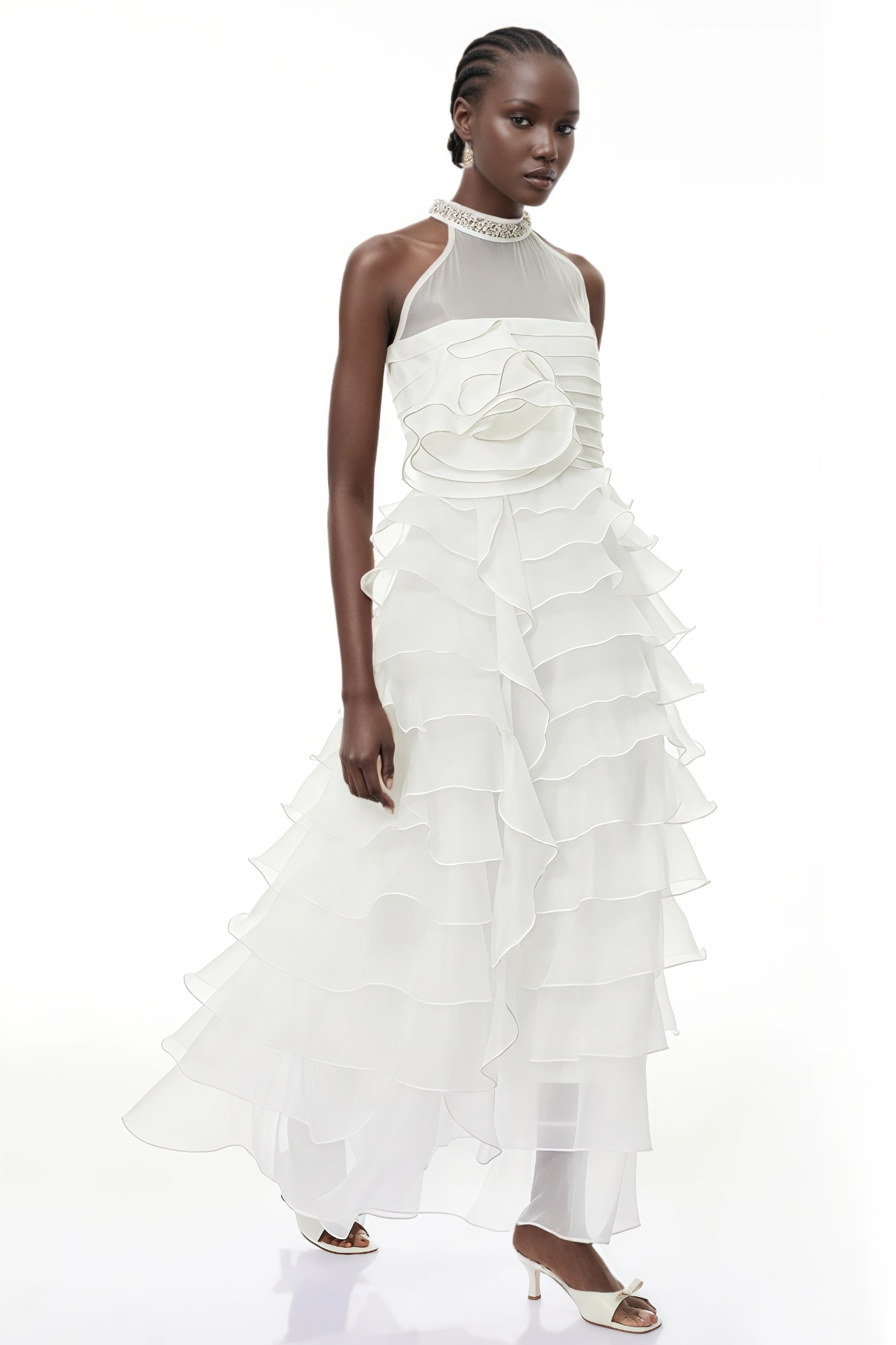 Jorink White 3D Petal Ruffled Maxi Dress