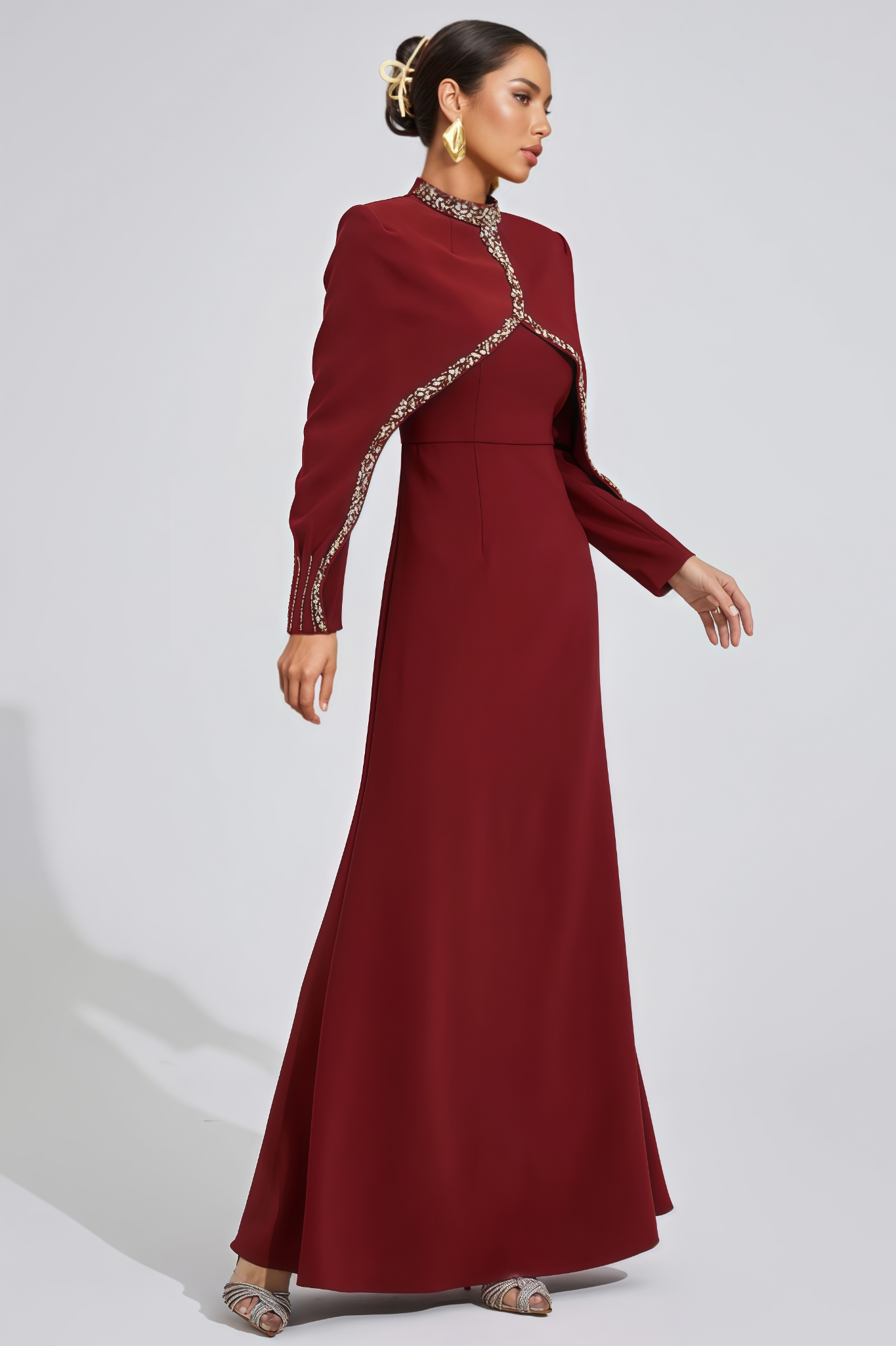 Fenixy Red Rhinestone Embellished Maxi Dress