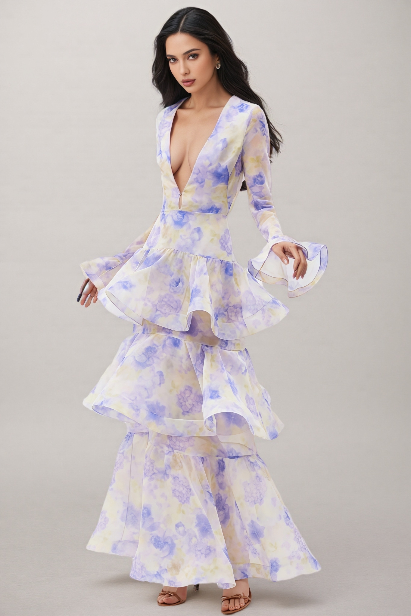 Olenf V-neck Printed Cake Maxi Dress